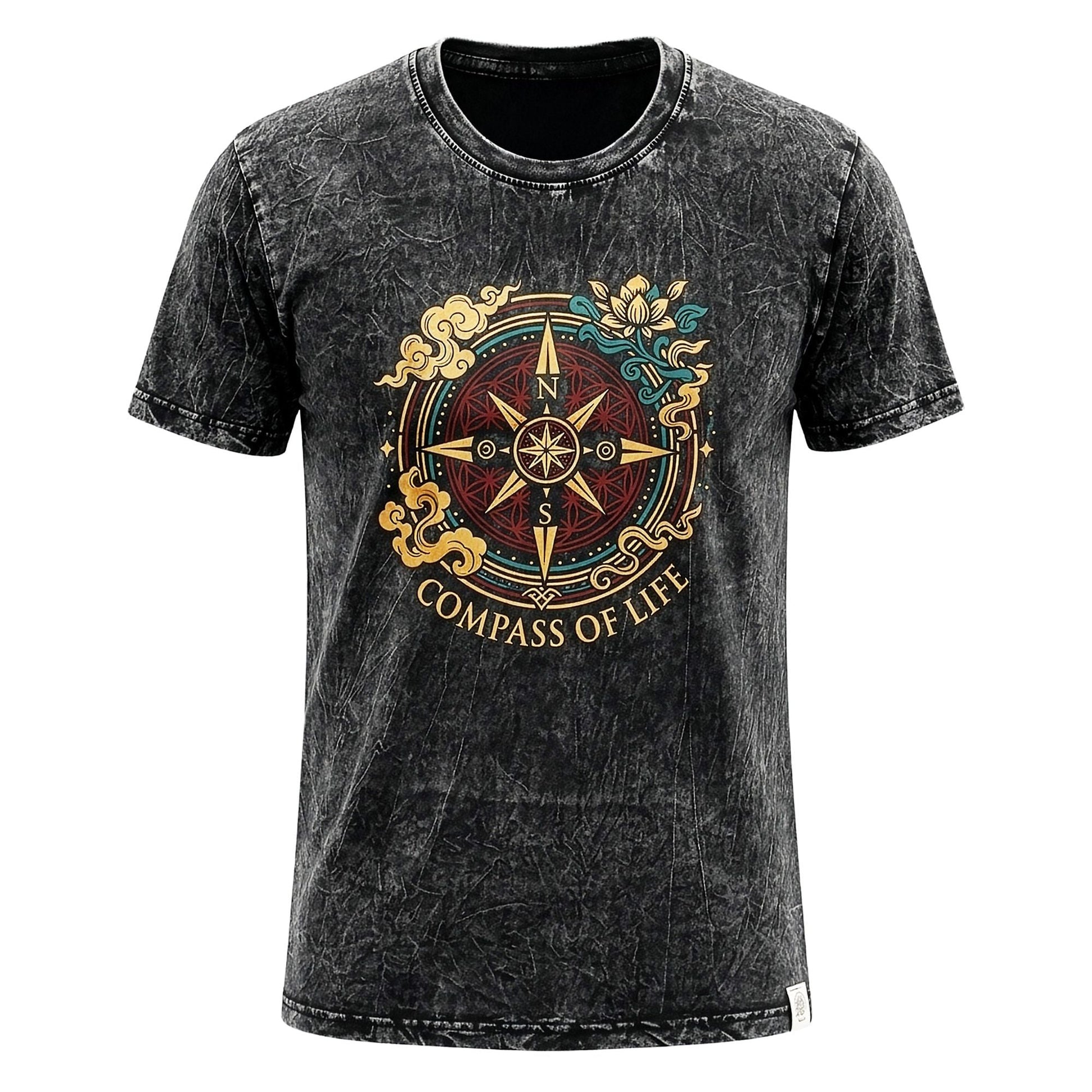 Nomad Sari Stonewashed Cotton T-Shirt - Compass of Life - Charcoal - Large - Luna Panther