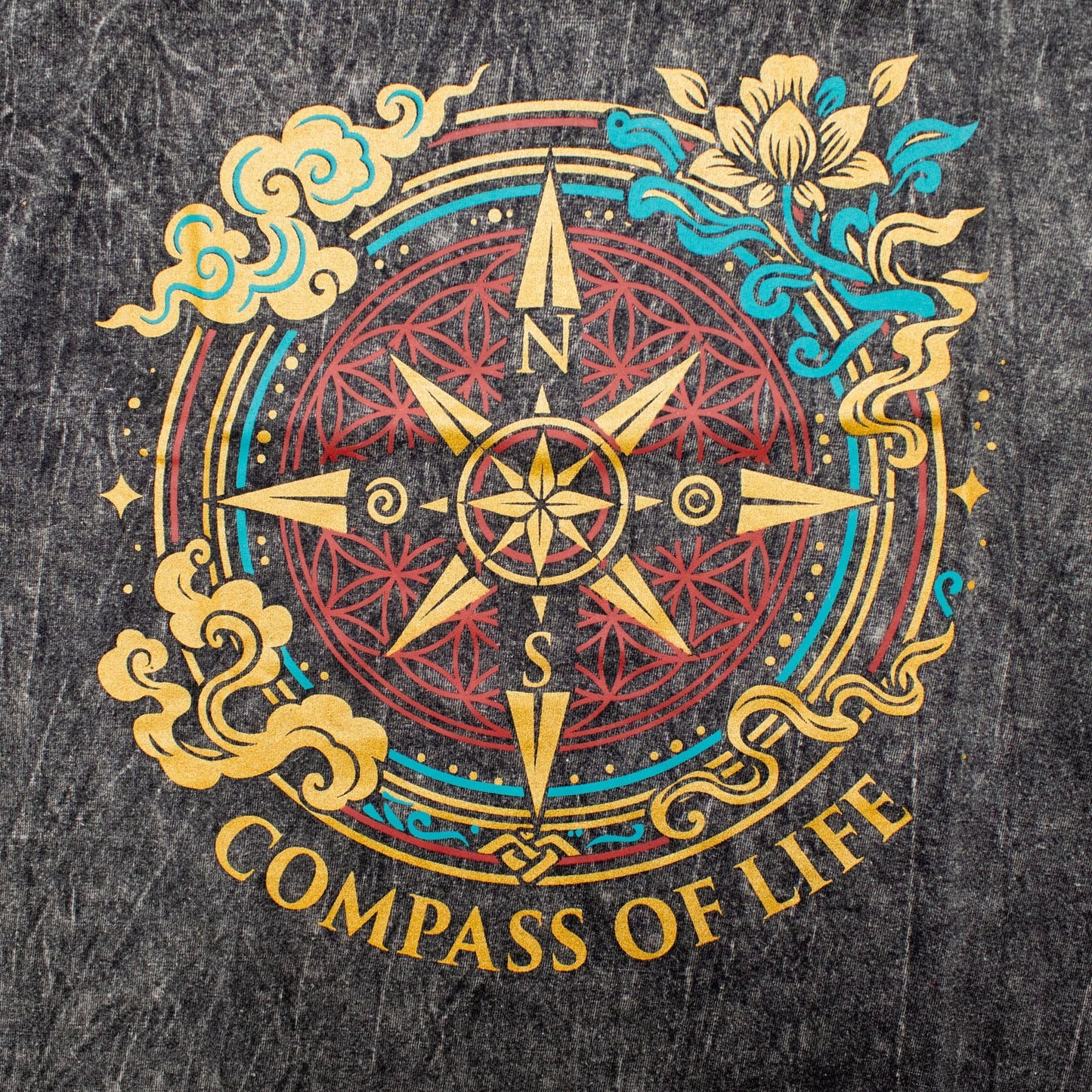 Nomad Sari Stonewashed Cotton T-Shirt - Compass of Life - Charcoal - Large - Luna Panther