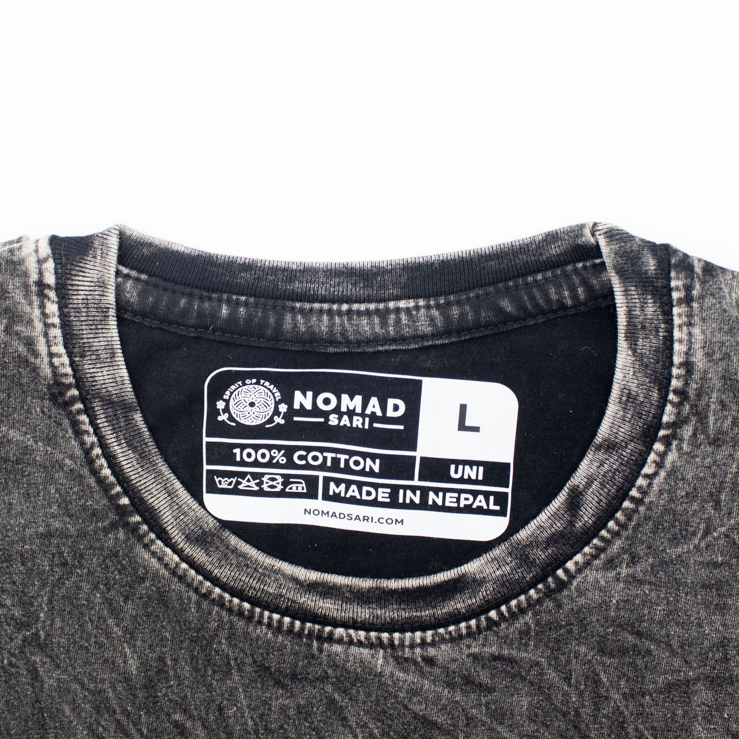Nomad Sari Stonewashed Cotton T-Shirt - Compass of Life - Charcoal - Large - Luna Panther