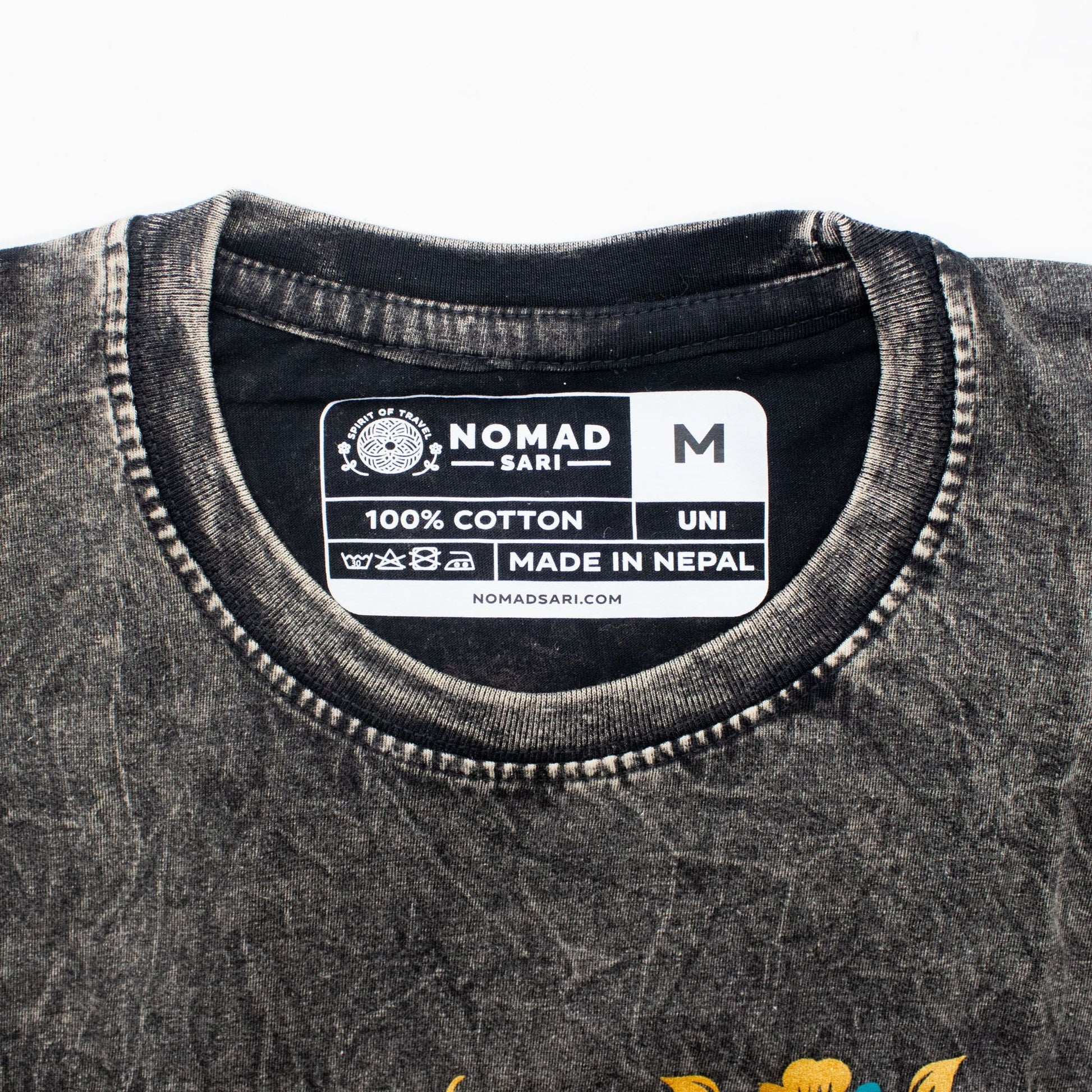 Nomad Sari Stonewashed Cotton T-Shirt - Compass of Life - Charcoal - Medium - Luna Panther