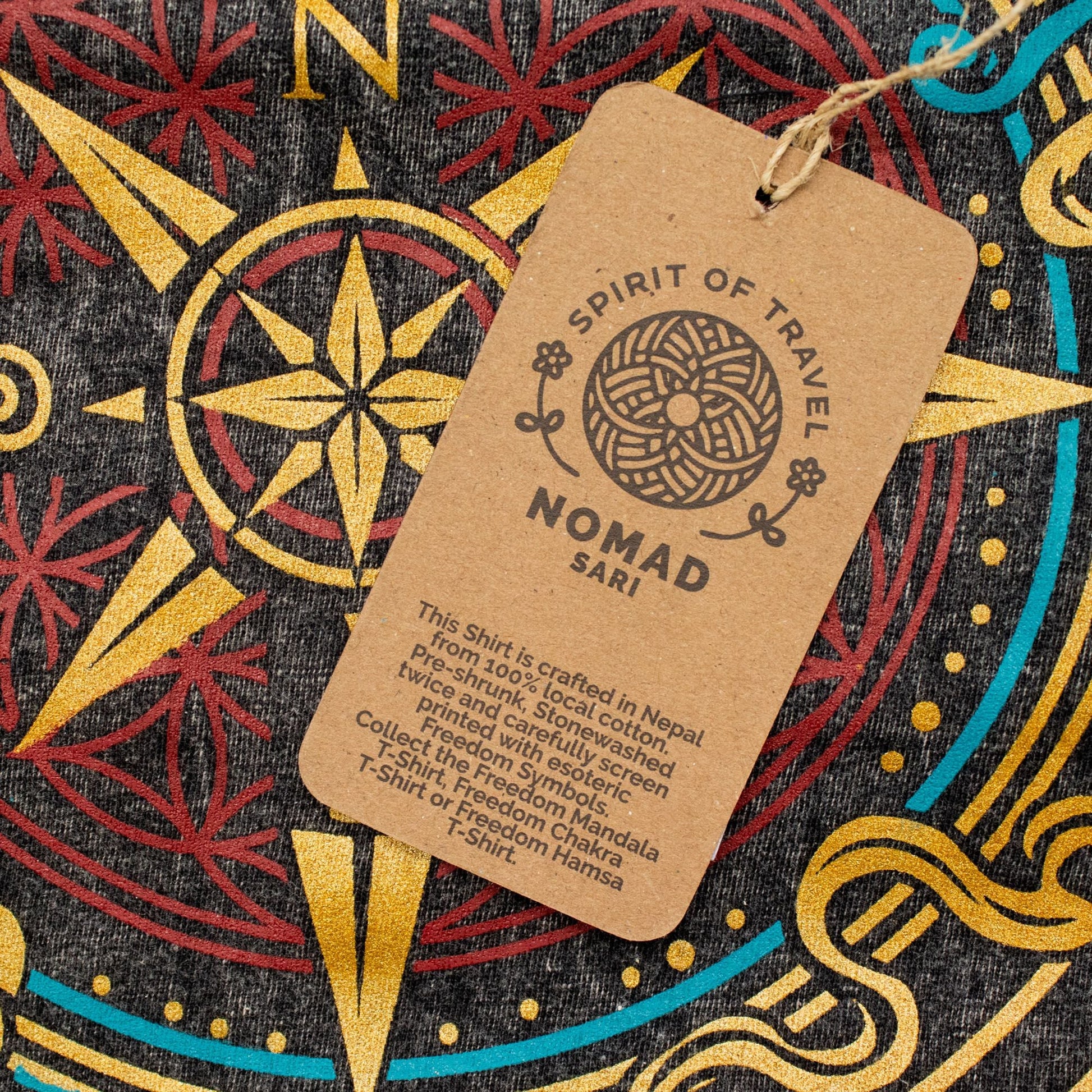 Nomad Sari Stonewashed Cotton T-Shirt - Compass of Life - Charcoal - Medium - Luna Panther