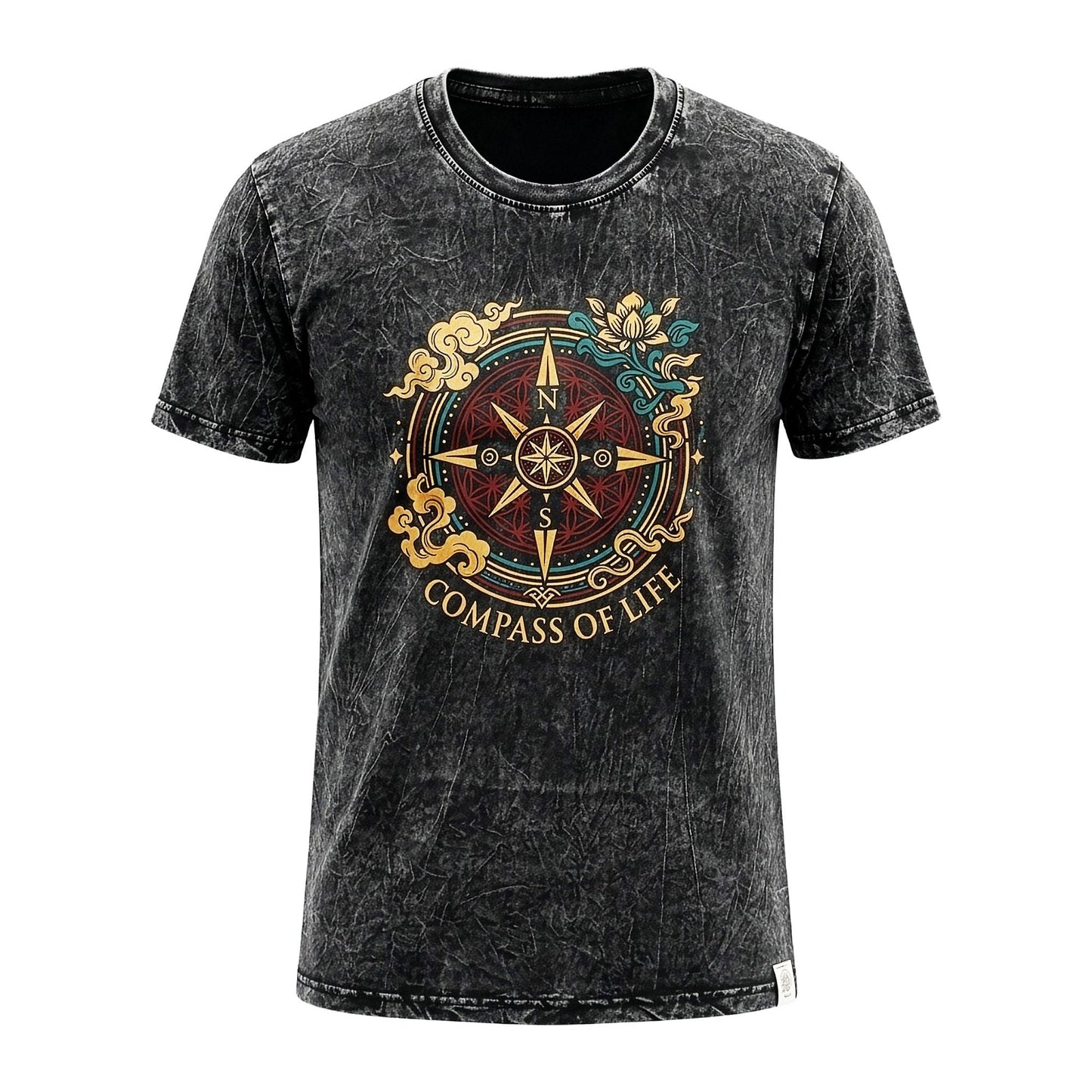 Nomad Sari Stonewashed Cotton T-Shirt - Compass of Life - Charcoal - Small - Luna Panther