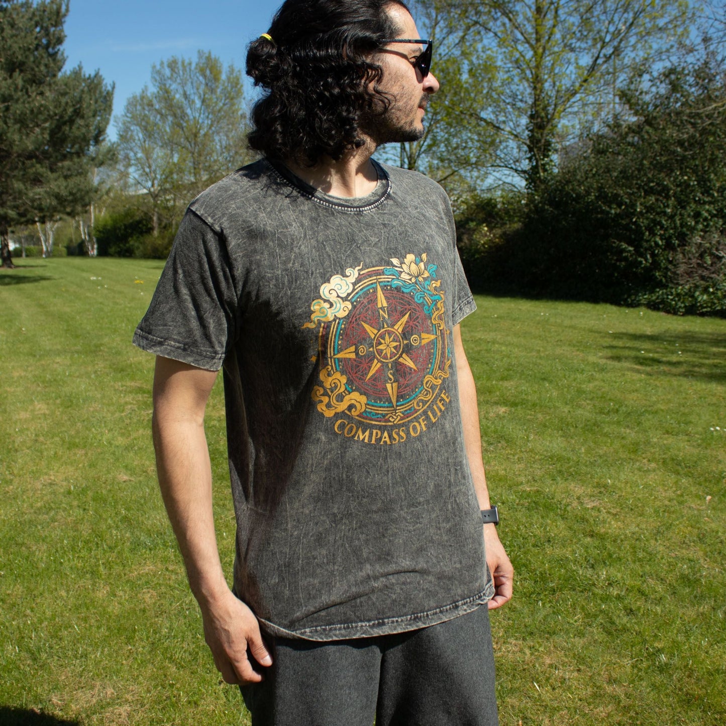 Nomad Sari Stonewashed Cotton T-Shirt - Compass of Life - Charcoal - Small - Luna Panther