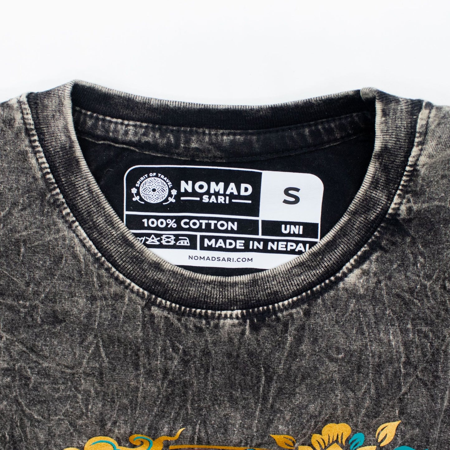 Nomad Sari Stonewashed Cotton T-Shirt - Compass of Life - Charcoal - Small - Luna Panther