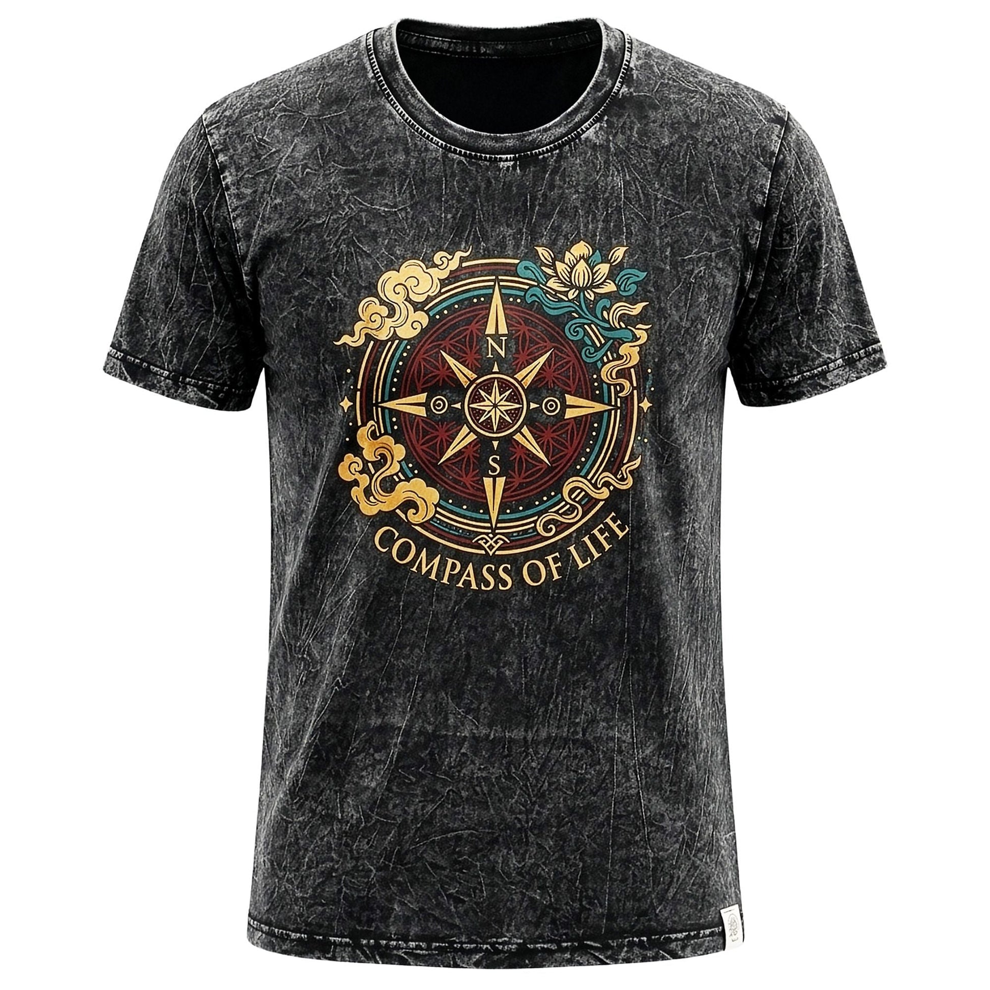 Nomad Sari Stonewashed Cotton T-Shirt - Compass of Life - Charcoal - XL - Luna Panther