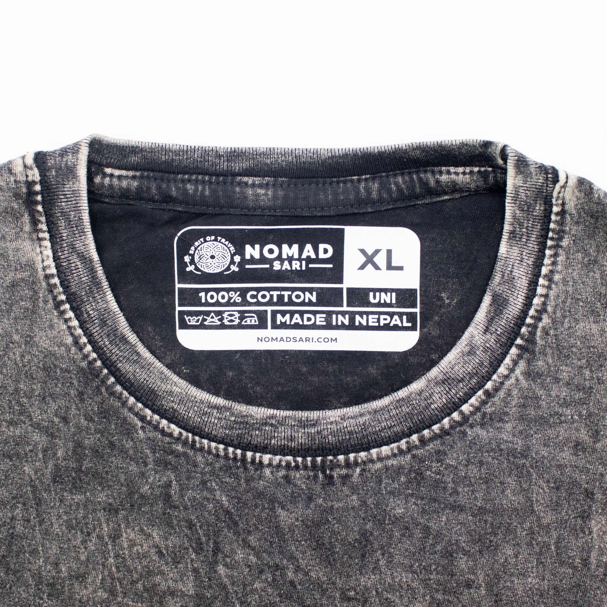 Nomad Sari Stonewashed Cotton T-Shirt - Compass of Life - Charcoal - XL - Luna Panther