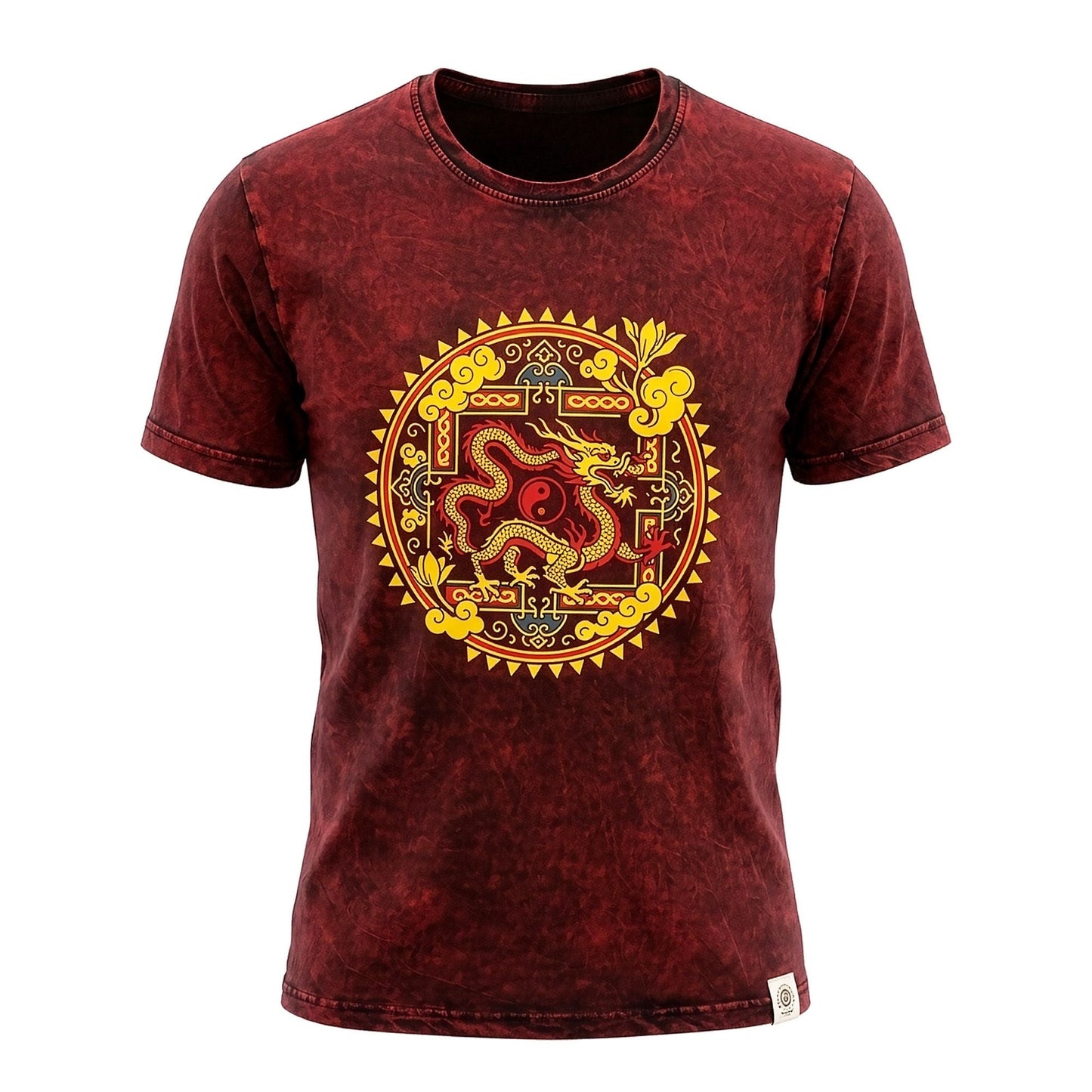 Nomad Sari Stonewashed Cotton T-Shirt - Dragon Mandala - Maroon - Medium - Luna Panther
