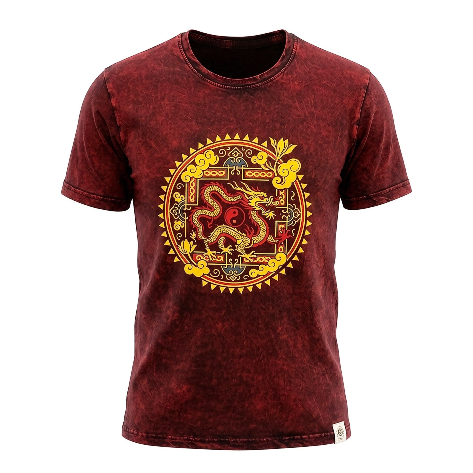 Nomad Sari Stonewashed Cotton T-Shirt - Dragon Mandala - Maroon - Medium - Luna Panther
