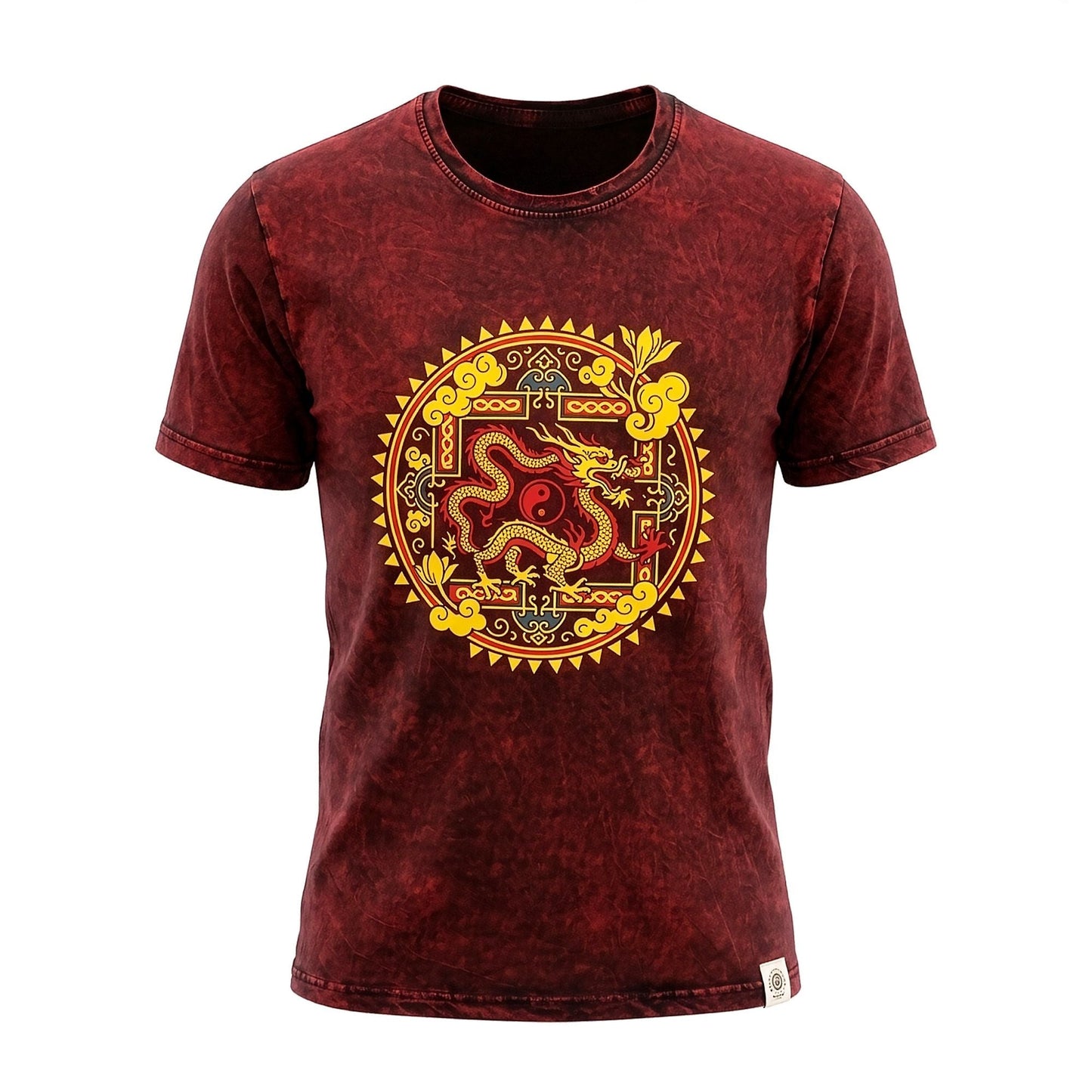 Nomad Sari Stonewashed Cotton T-Shirt - Dragon Mandala - Maroon - Small - Luna Panther