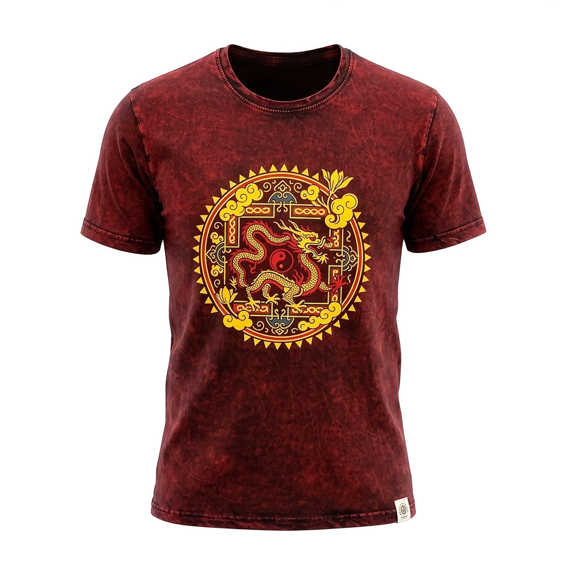 Nomad Sari Stonewashed Cotton T-Shirt - Dragon Mandala - Maroon - Small - Luna Panther