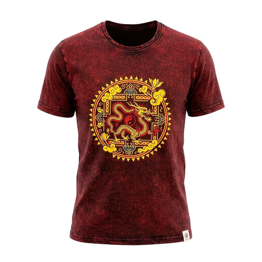 Nomad Sari Stonewashed Cotton T-Shirt - Dragon Mandala - Maroon - Small - Luna Panther