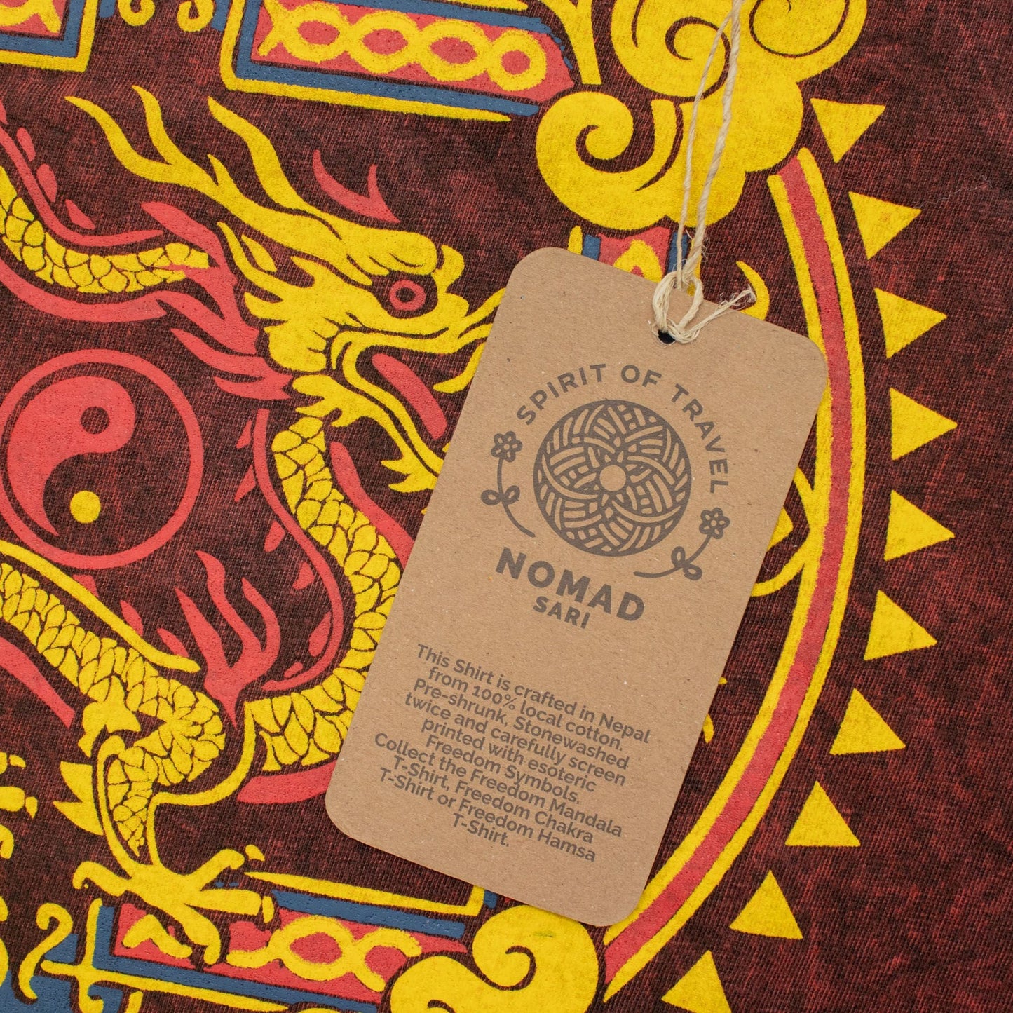 Nomad Sari Stonewashed Cotton T-Shirt - Dragon Mandala - Maroon - Small - Luna Panther