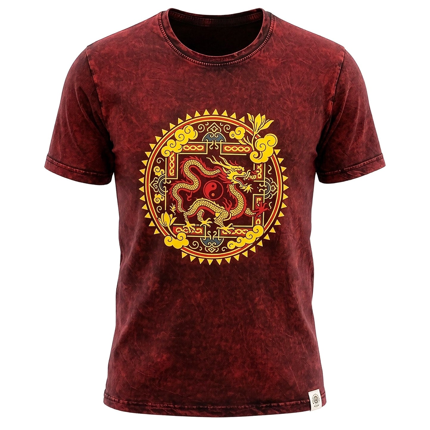 Nomad Sari Stonewashed Cotton T-Shirt - Dragon Mandala - Maroon - XL - Luna Panther