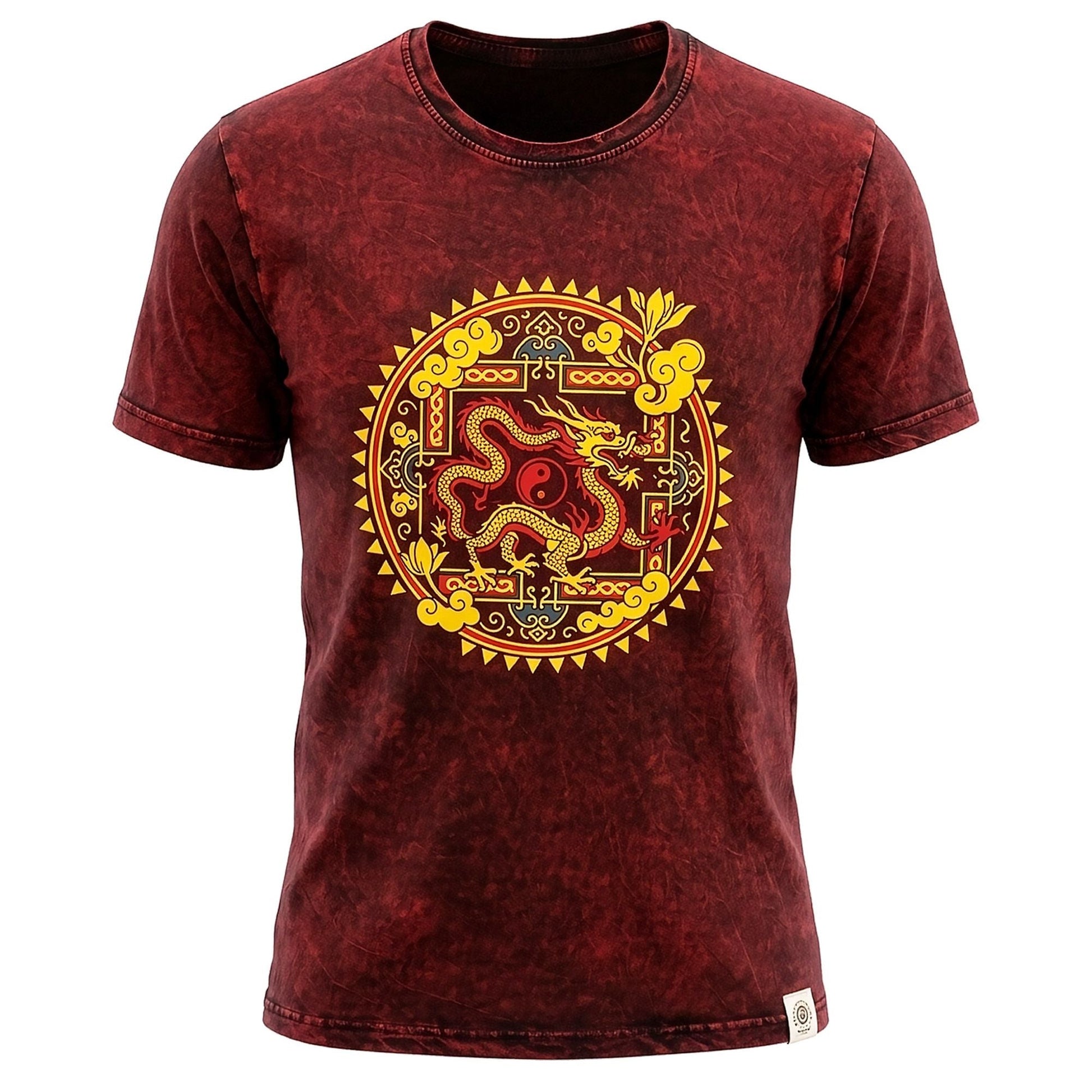 Nomad Sari Stonewashed Cotton T-Shirt - Dragon Mandala - Maroon - XL - Luna Panther