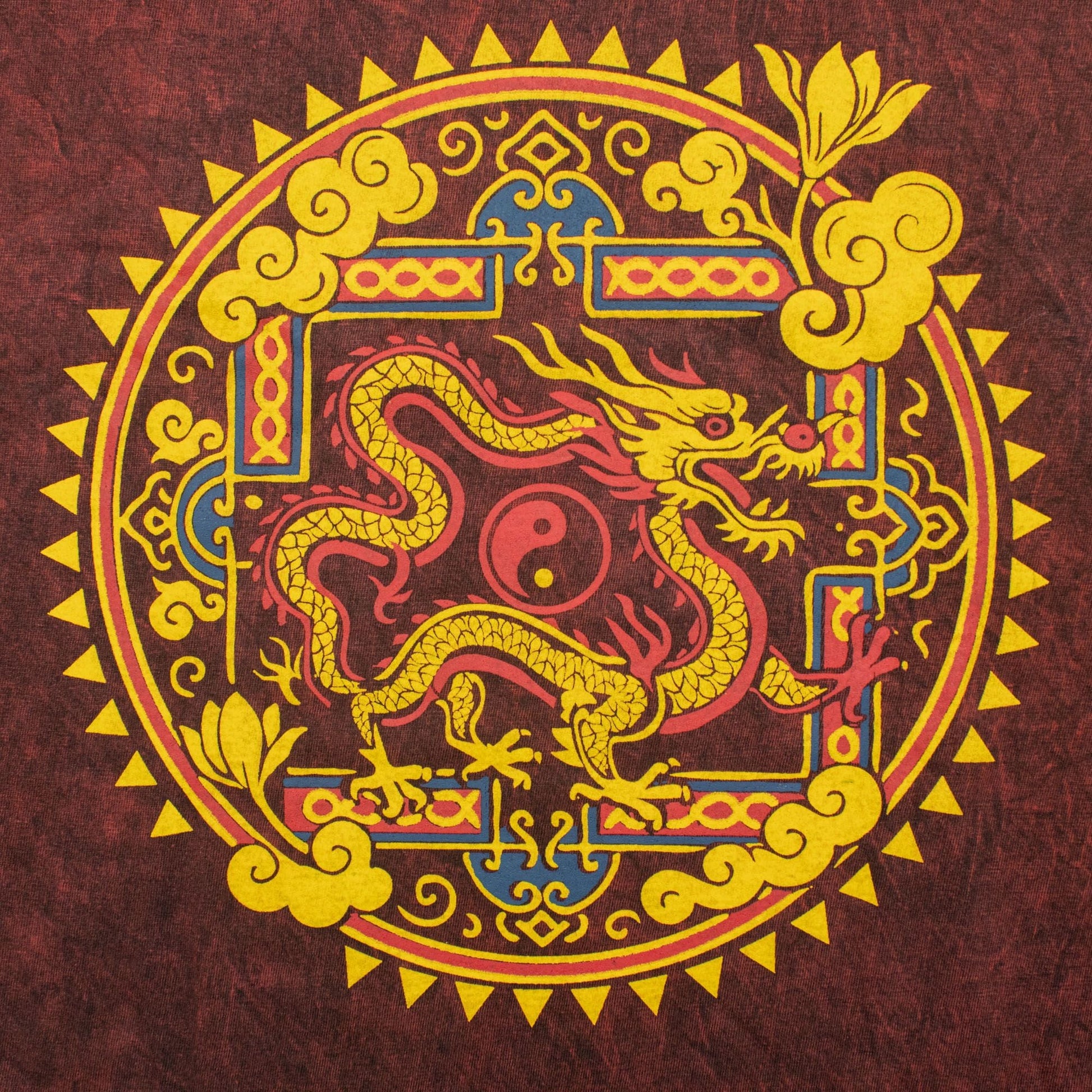 Nomad Sari Stonewashed Cotton T-Shirt - Dragon Mandala - Maroon - XL - Luna Panther