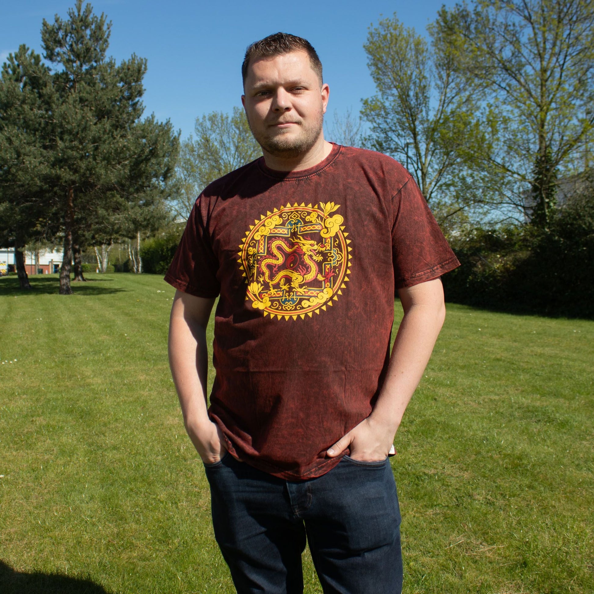 Nomad Sari Stonewashed Cotton T-Shirt - Dragon Mandala - Maroon - XL - Luna Panther