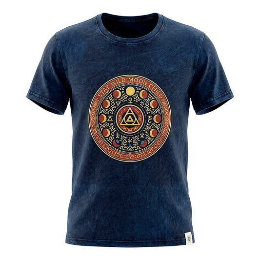 Nomad Sari Stonewashed Cotton T-Shirt - Stay Wild Moon Child - Blue - Large - Luna Panther