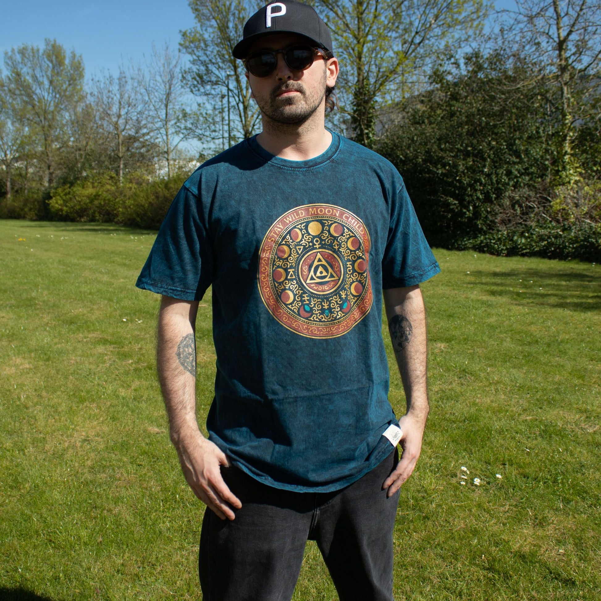 Nomad Sari Stonewashed Cotton T-Shirt - Stay Wild Moon Child - Blue - Large - Luna Panther