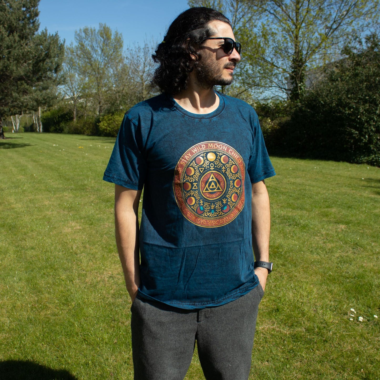 Nomad Sari Stonewashed Cotton T-Shirt - Stay Wild Moon Child - Blue - Small - Luna Panther