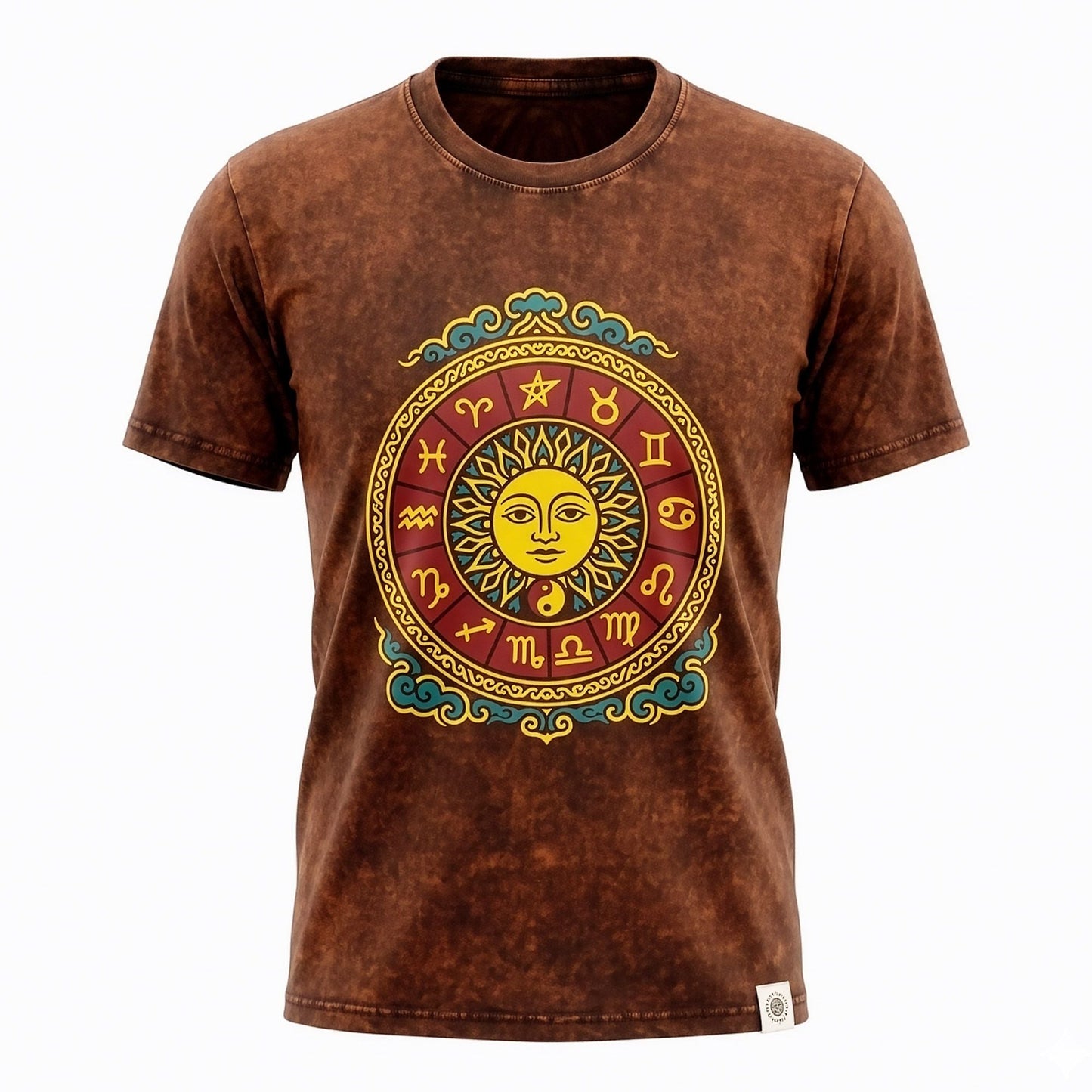 Nomad Sari Stonewashed Cotton T-Shirt - Sun & Zodiac - Brown - Large - Luna Panther