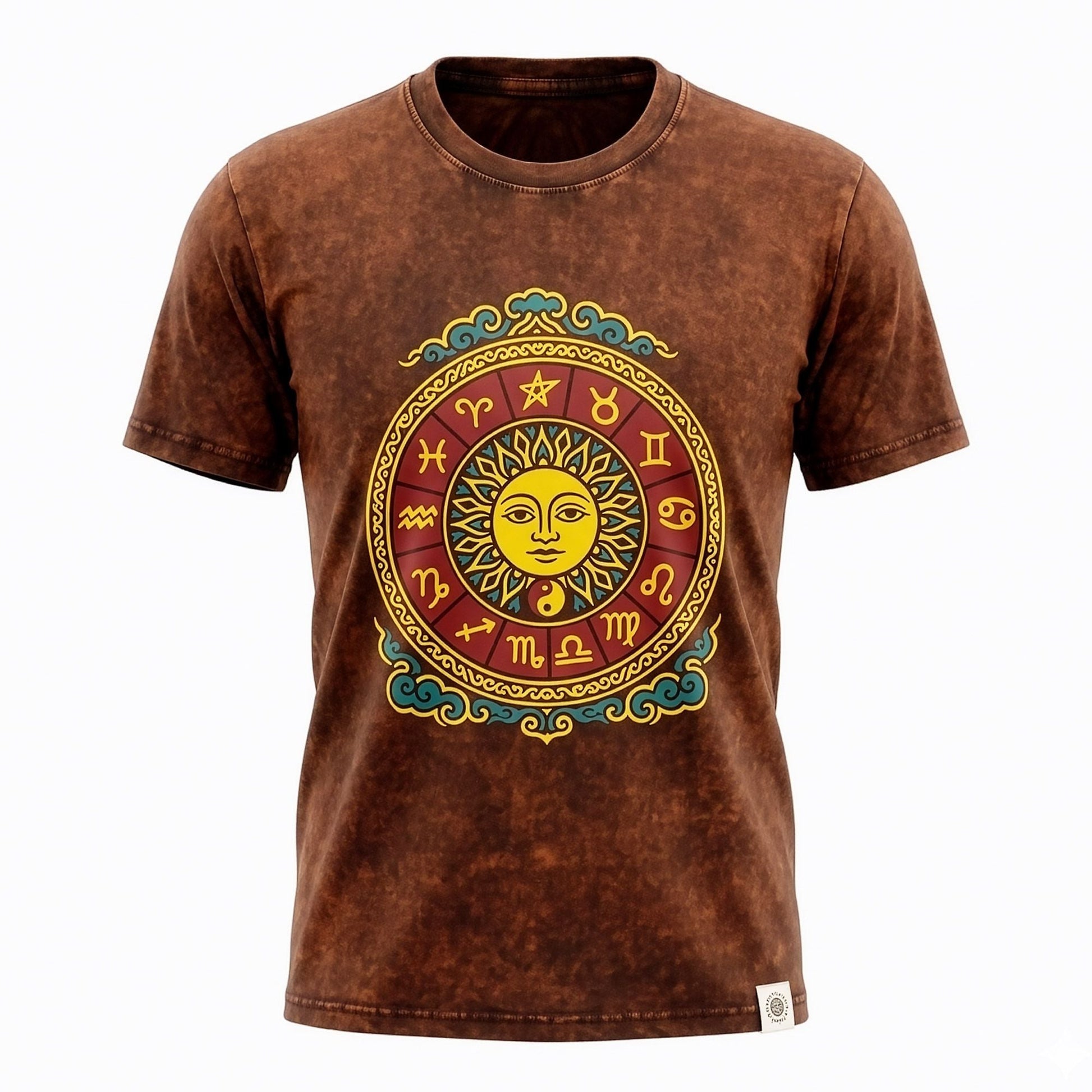 Nomad Sari Stonewashed Cotton T-Shirt - Sun & Zodiac - Brown - Large - Luna Panther