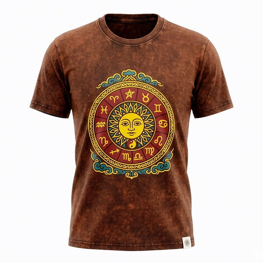 Nomad Sari Stonewashed Cotton T-Shirt - Sun & Zodiac - Brown - Large - Luna Panther
