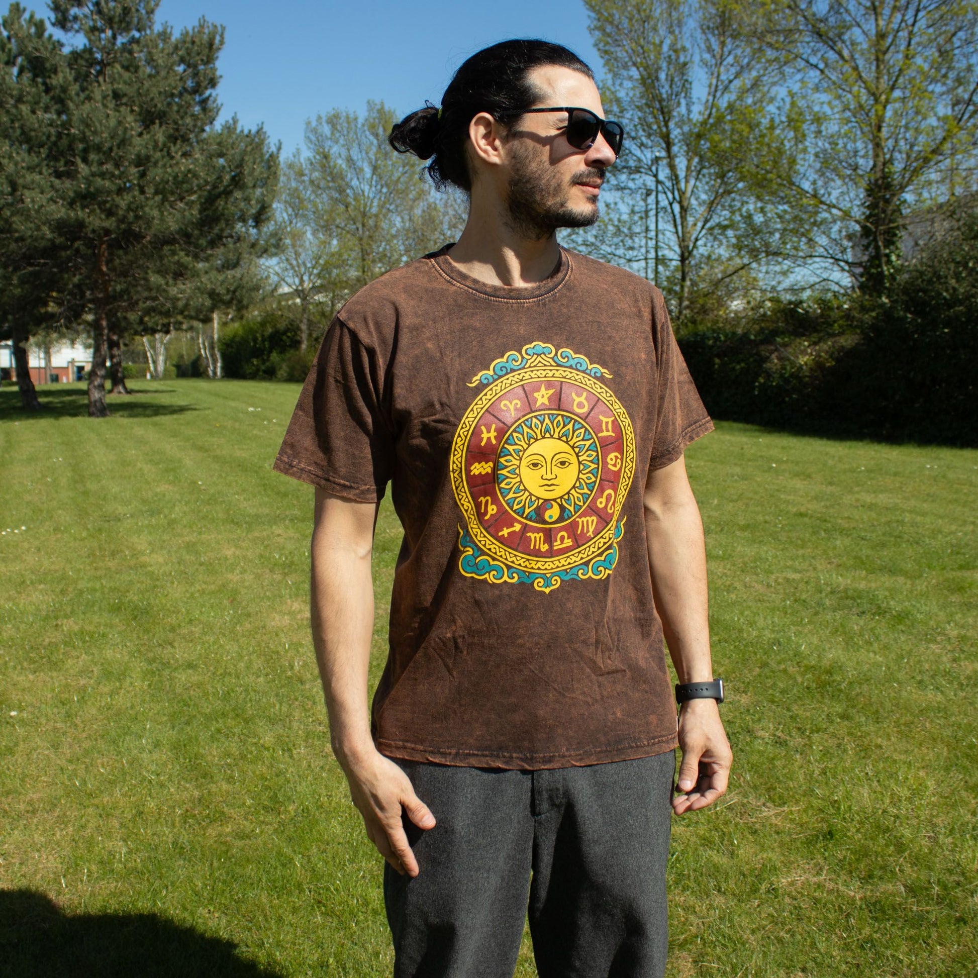 Nomad Sari Stonewashed Cotton T-Shirt - Sun & Zodiac - Brown - Small - Luna Panther