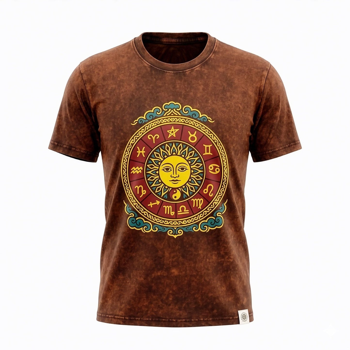 Nomad Sari Stonewashed Cotton T-Shirt - Sun & Zodiac - Brown - Small - Luna Panther
