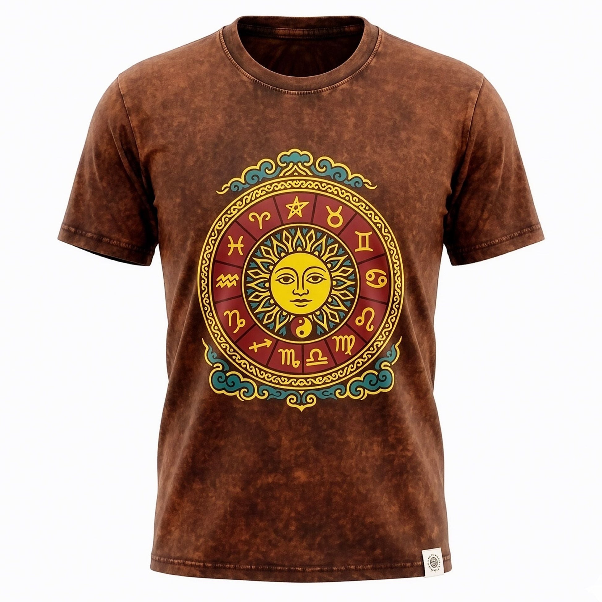 Nomad Sari Stonewashed Cotton T-Shirt - Sun & Zodiac - Brown - XL - Luna Panther