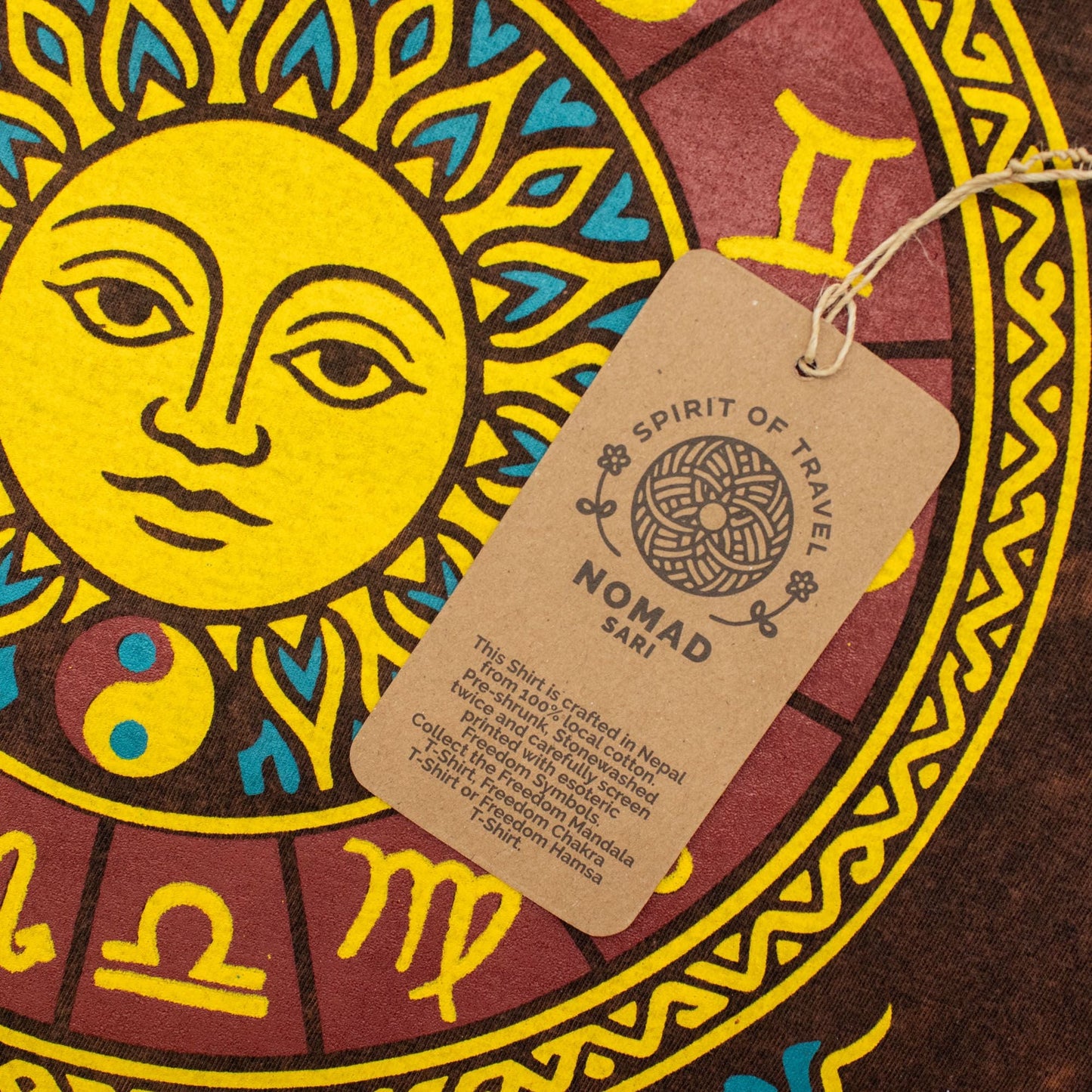 Nomad Sari Stonewashed Cotton T-Shirt - Sun & Zodiac - Brown - XL - Luna Panther