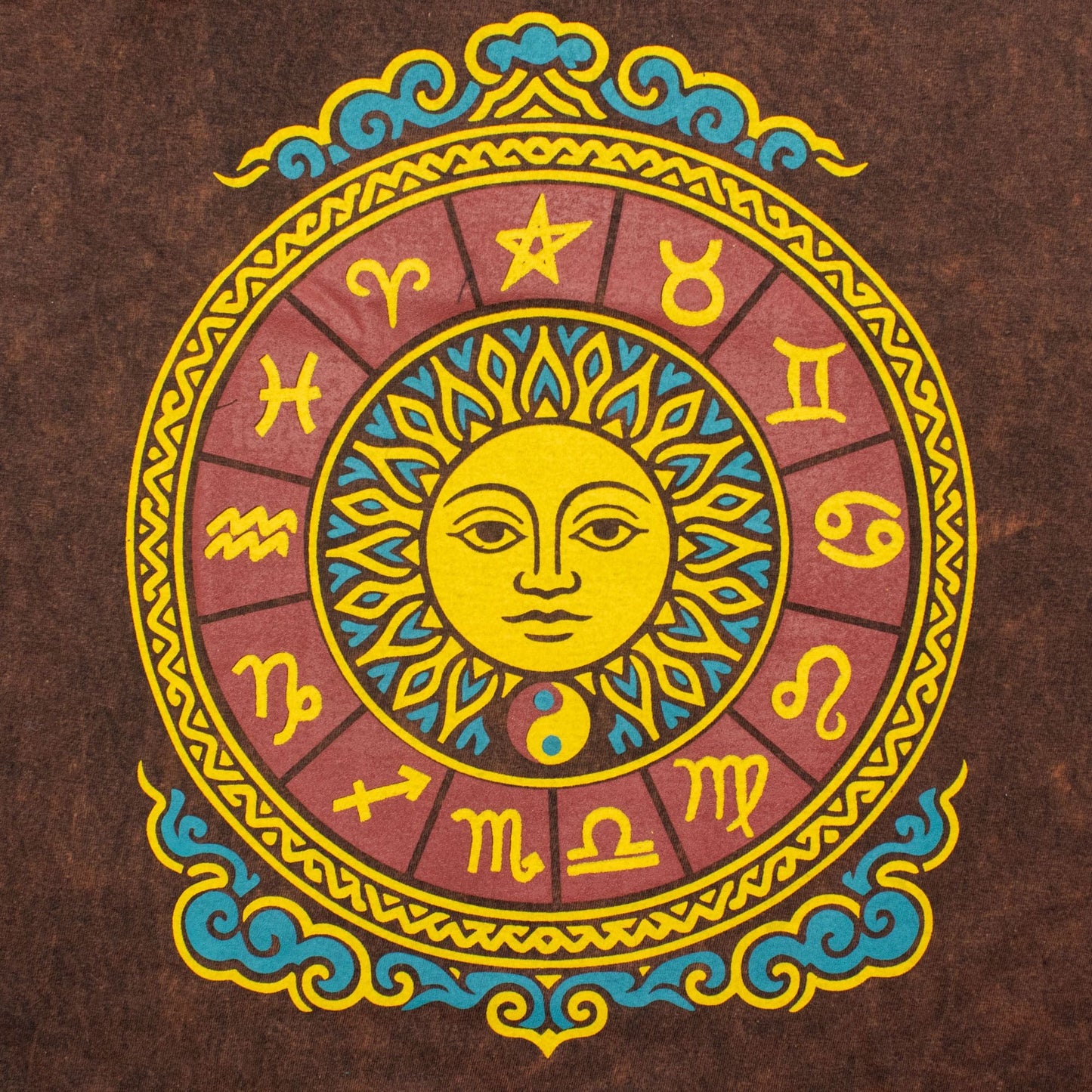 Nomad Sari Stonewashed Cotton T-Shirt - Sun & Zodiac - Brown - XL - Luna Panther