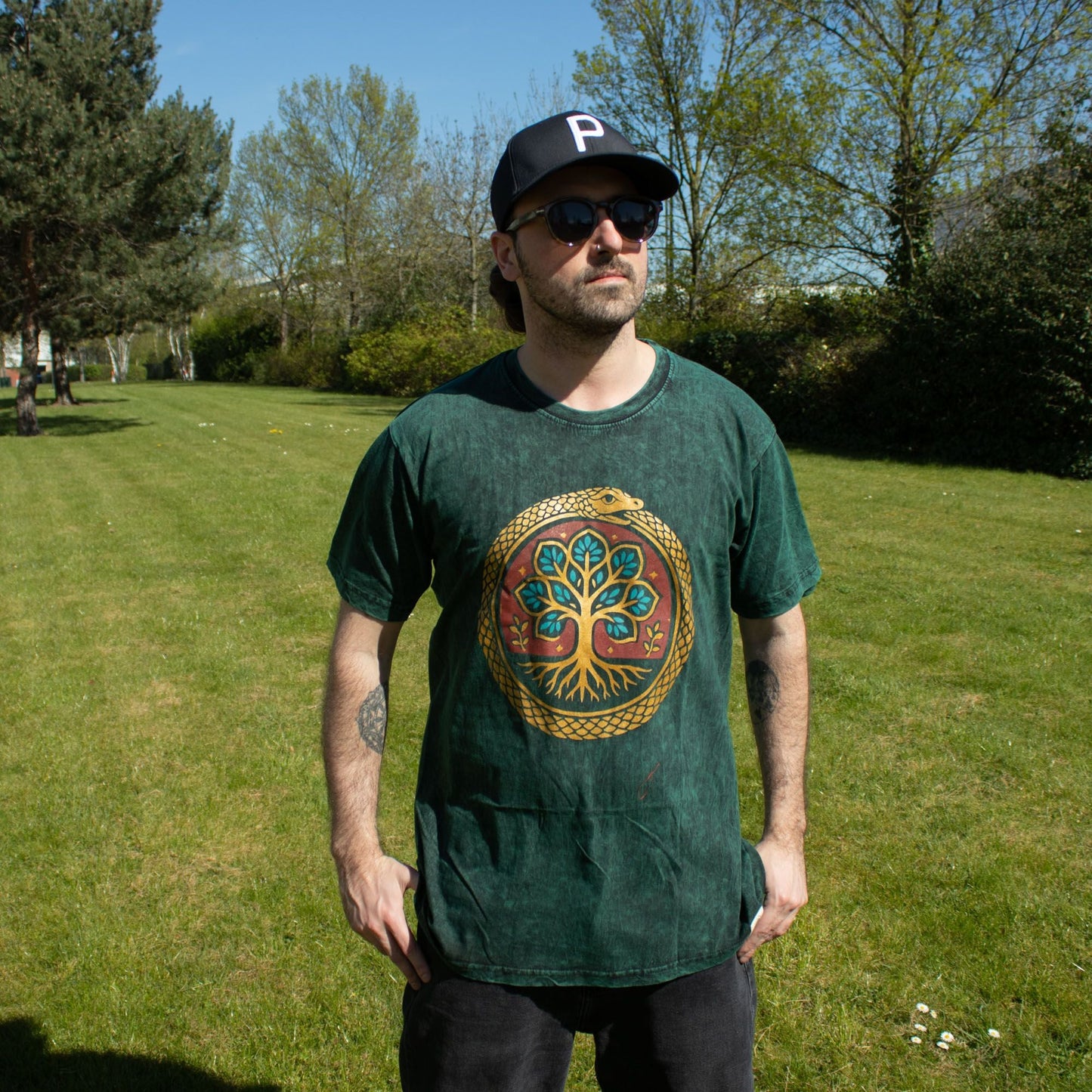 Nomad Sari Stonewashed Cotton T-Shirt - Tree of Life - Green - Large - Luna Panther