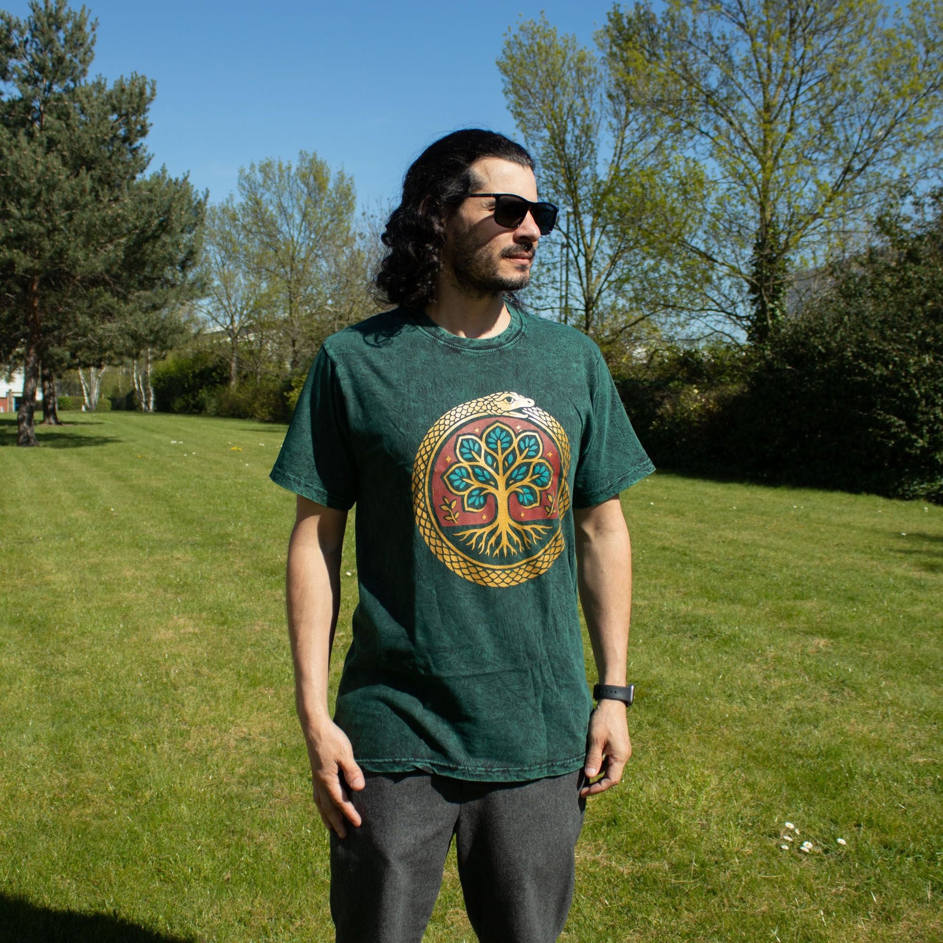 Nomad Sari Stonewashed Cotton T-Shirt - Tree of Life - Green - Small - Luna Panther