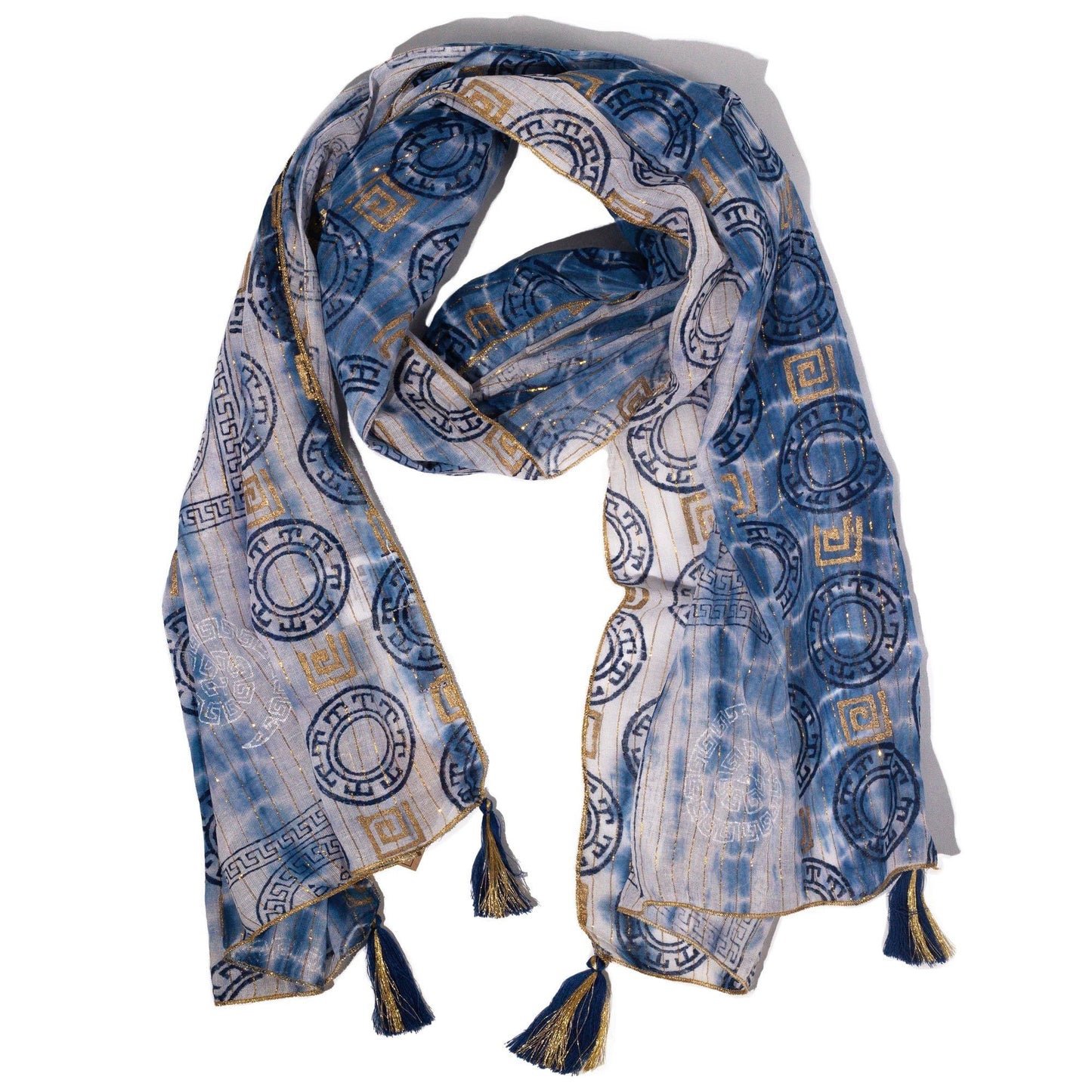 Nomad Sari Summer Marbella Print Scarf - Blue with Gold (180x50cm) - Luna Panther