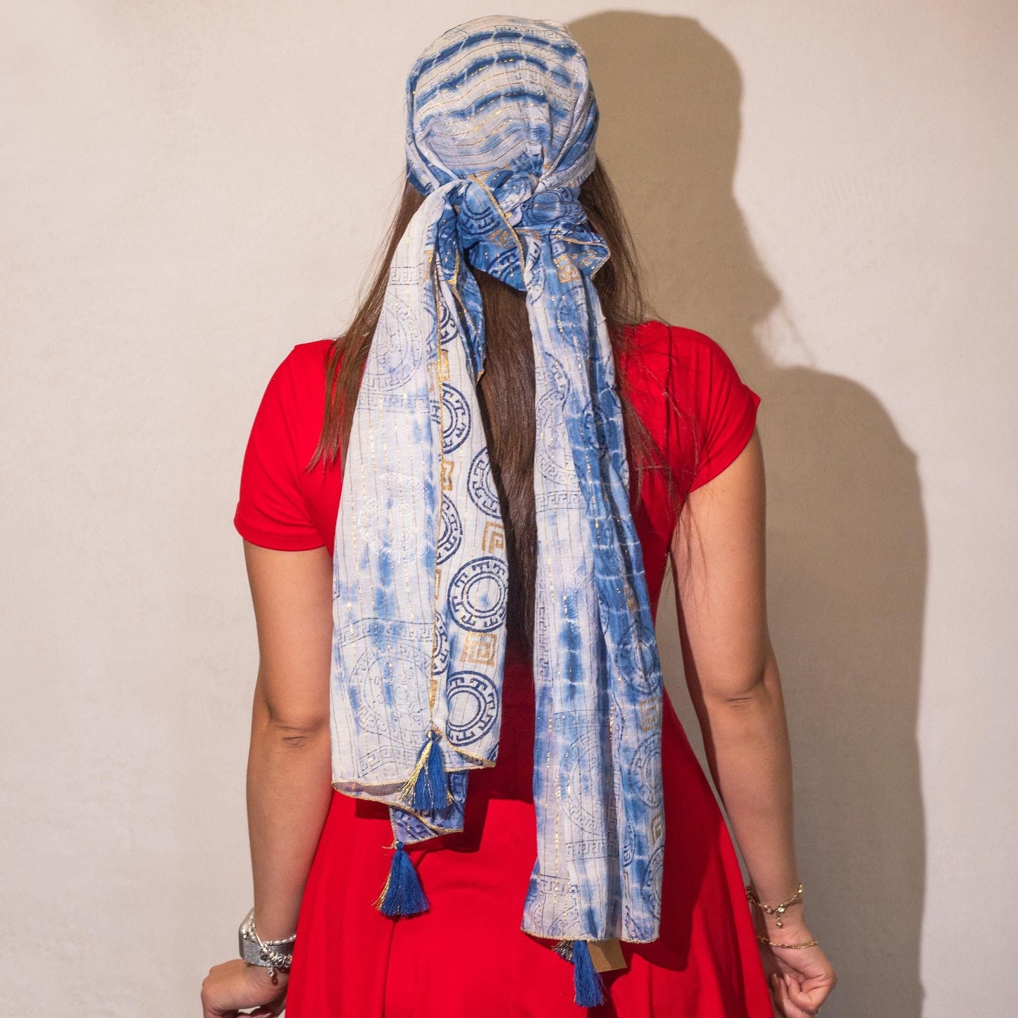 Nomad Sari Summer Marbella Print Scarf - Blue with Gold (180x50cm) - Luna Panther