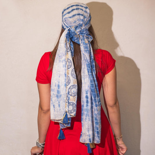 Nomad Sari Summer Marbella Print Scarf - Blue with Gold (180x50cm) - Luna Panther