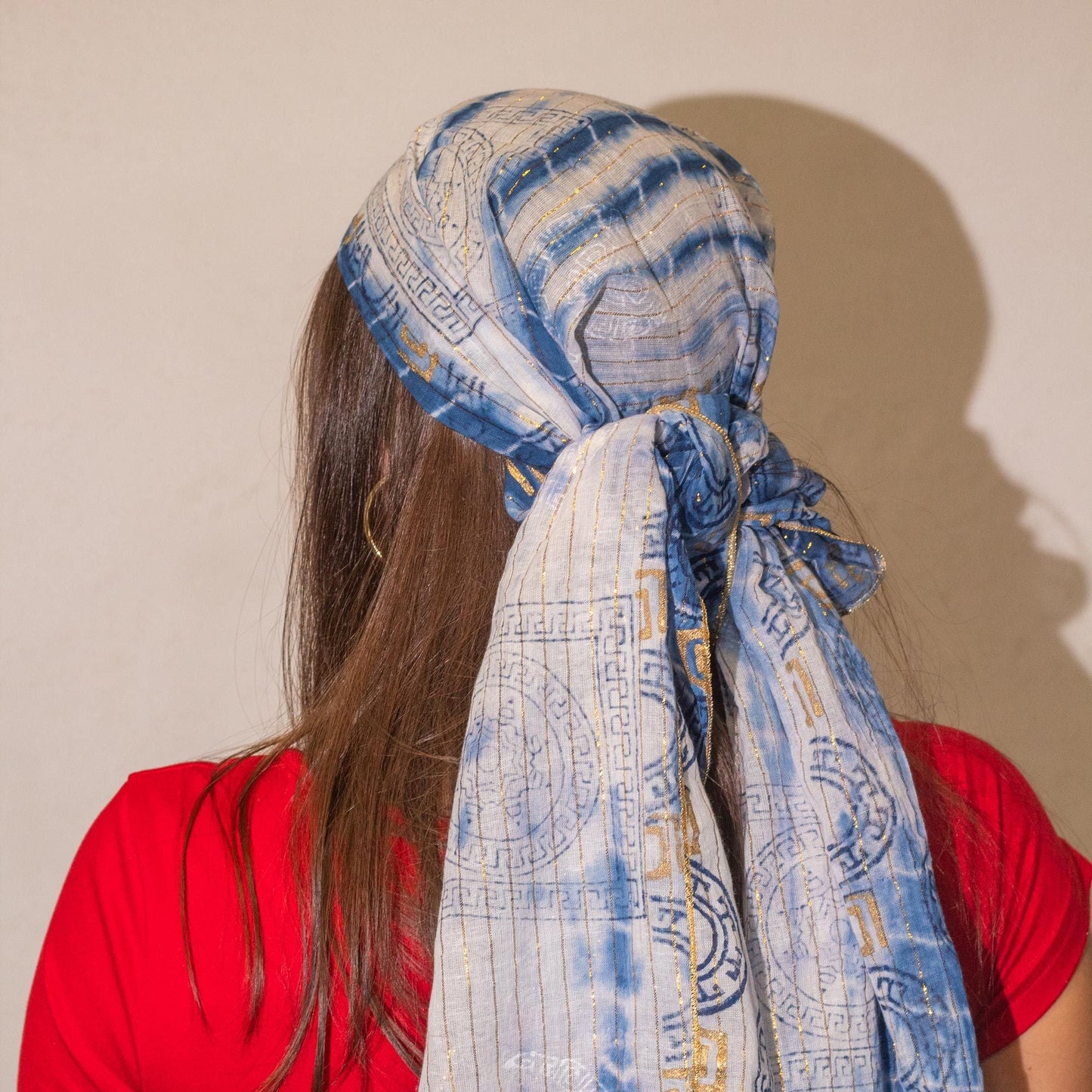 Nomad Sari Summer Marbella Print Scarf - Blue with Gold (180x50cm) - Luna Panther