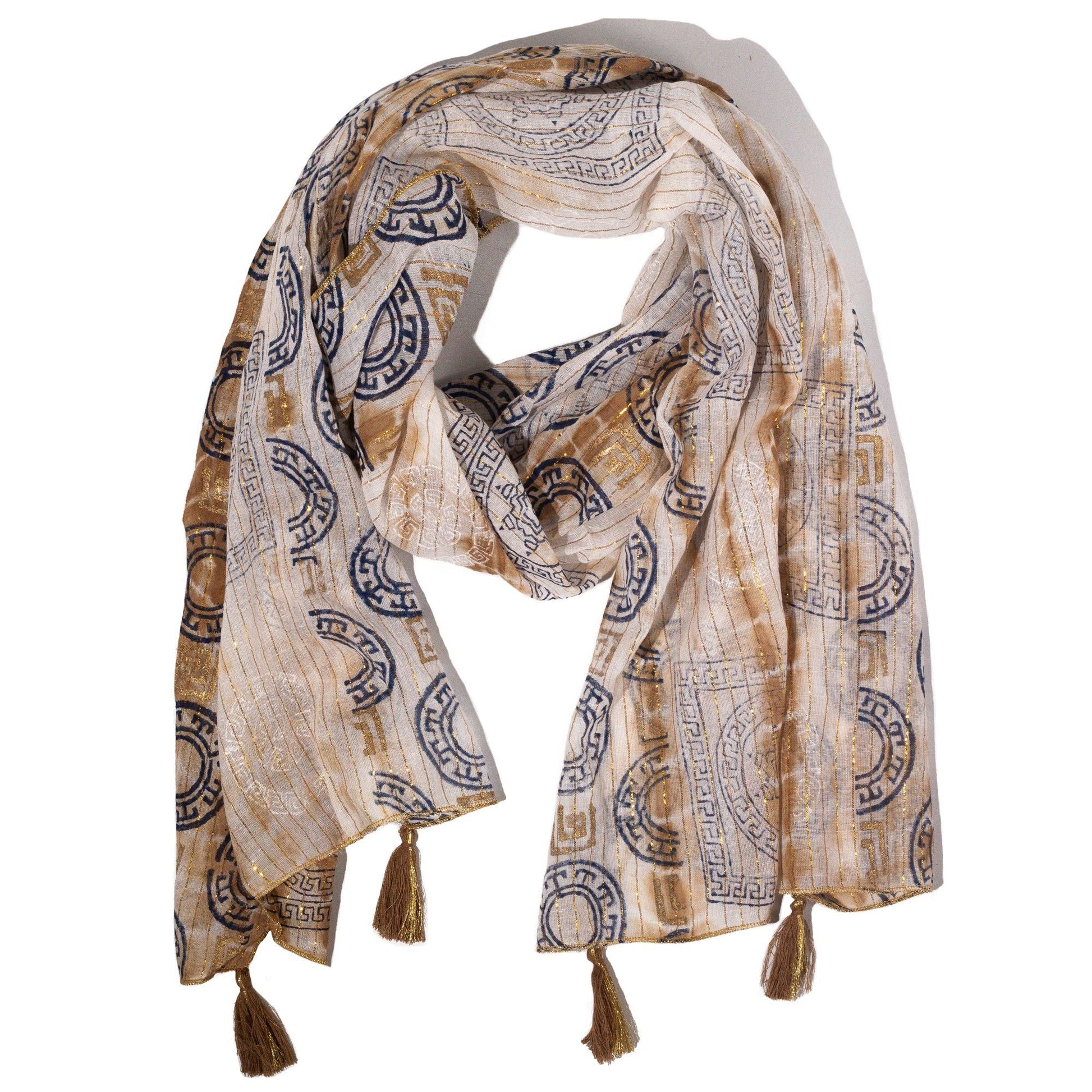Nomad Sari Summer Marbella Print Scarf - Coffee with Gold (180x50cm) - Luna Panther