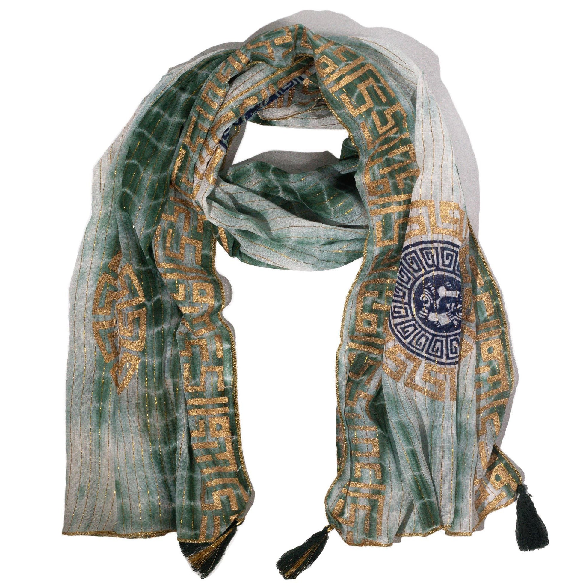 Nomad Sari Summer Marbella Print Scarf - Green with Gold (180x50cm) - Luna Panther