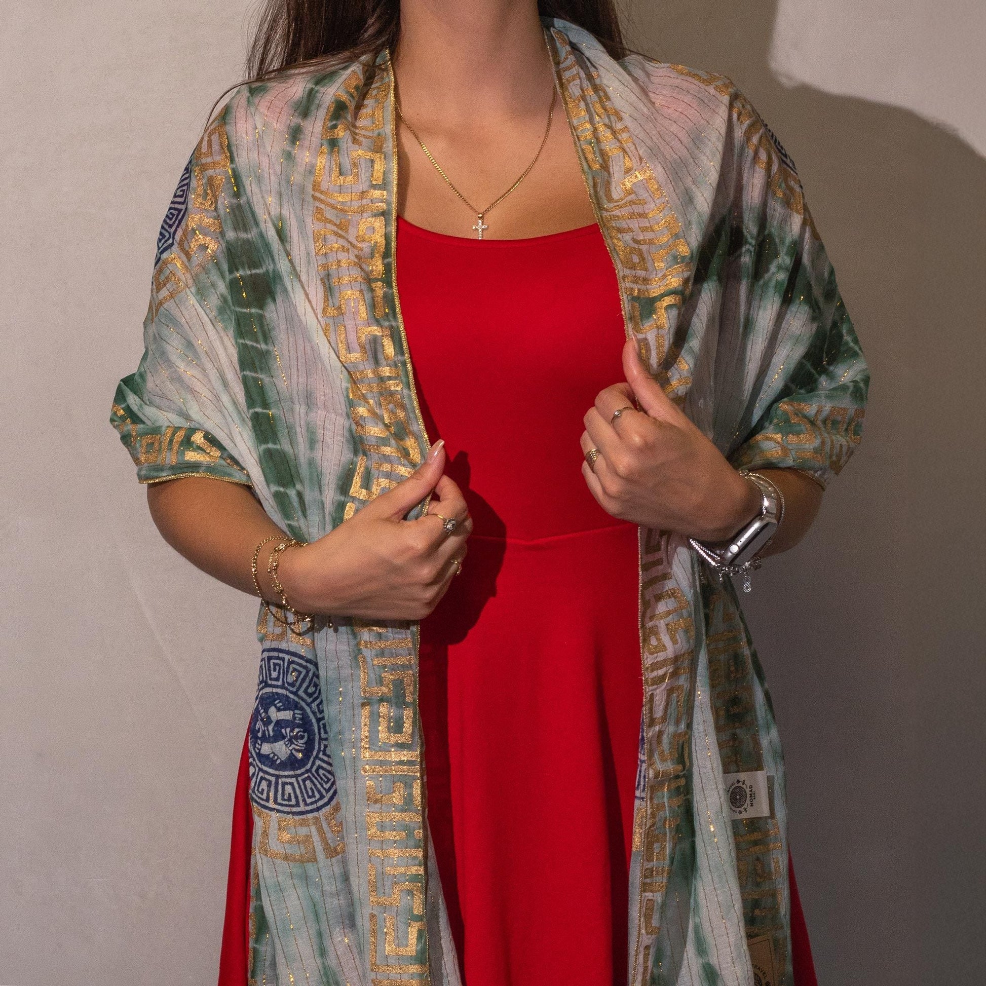 Nomad Sari Summer Marbella Print Scarf - Green with Gold (180x50cm) - Luna Panther
