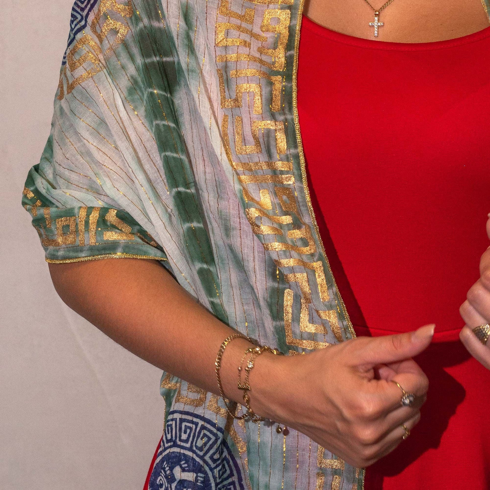 Nomad Sari Summer Marbella Print Scarf - Green with Gold (180x50cm) - Luna Panther