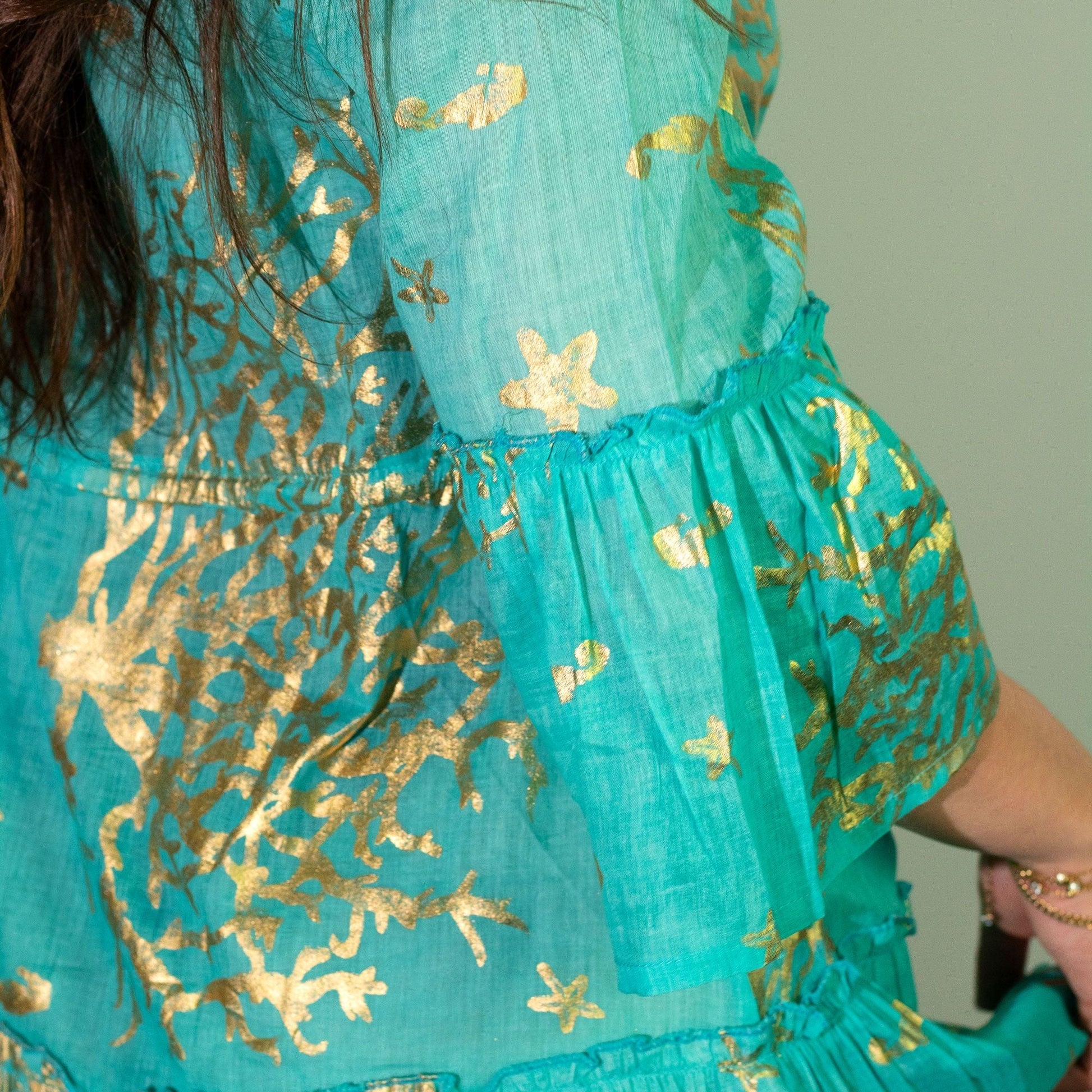 Nomad Sari Turquoise & Gold Coral Print Dress (L/XL) - Luna Panther