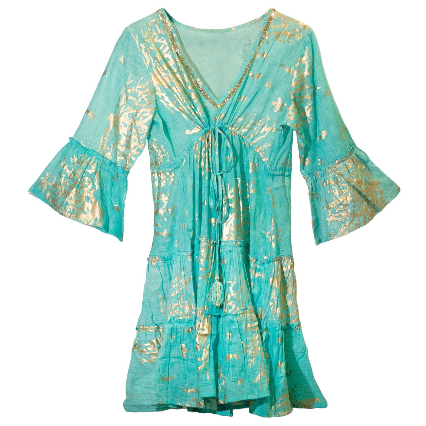 Nomad Sari Turquoise & Gold Coral Print Dress (L/XL) - Luna Panther