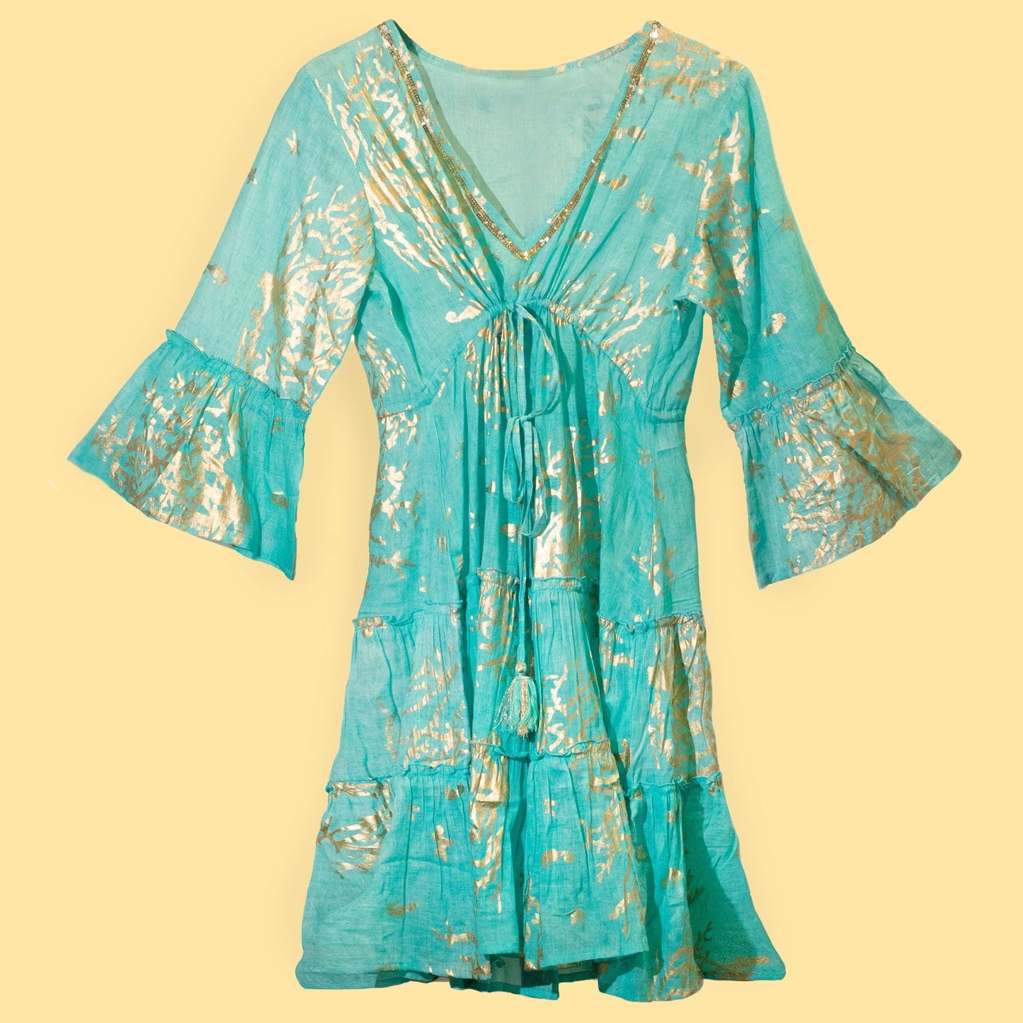 Nomad Sari Turquoise & Gold Coral Print Dress (L/XL) - Luna Panther