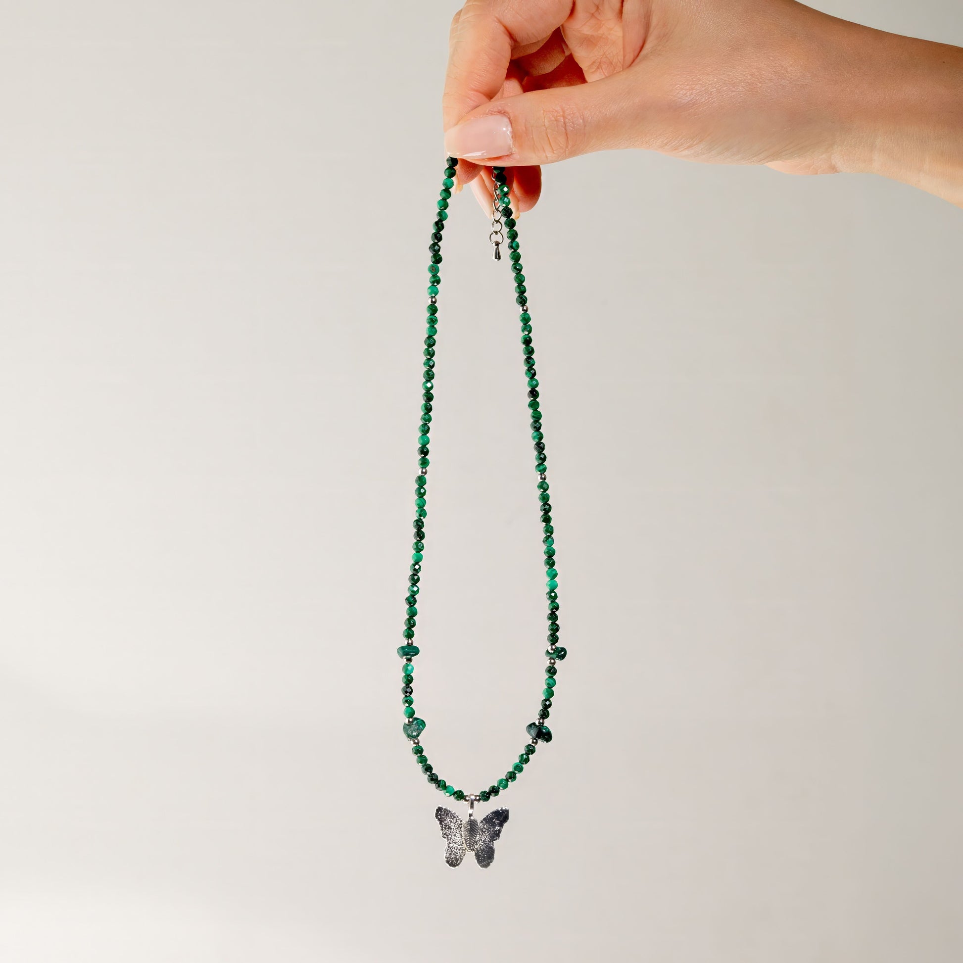 Nymph Malachite Gemstone Necklace with Real Leaf Butterfly Pendant — necklace, image 5 of 10.