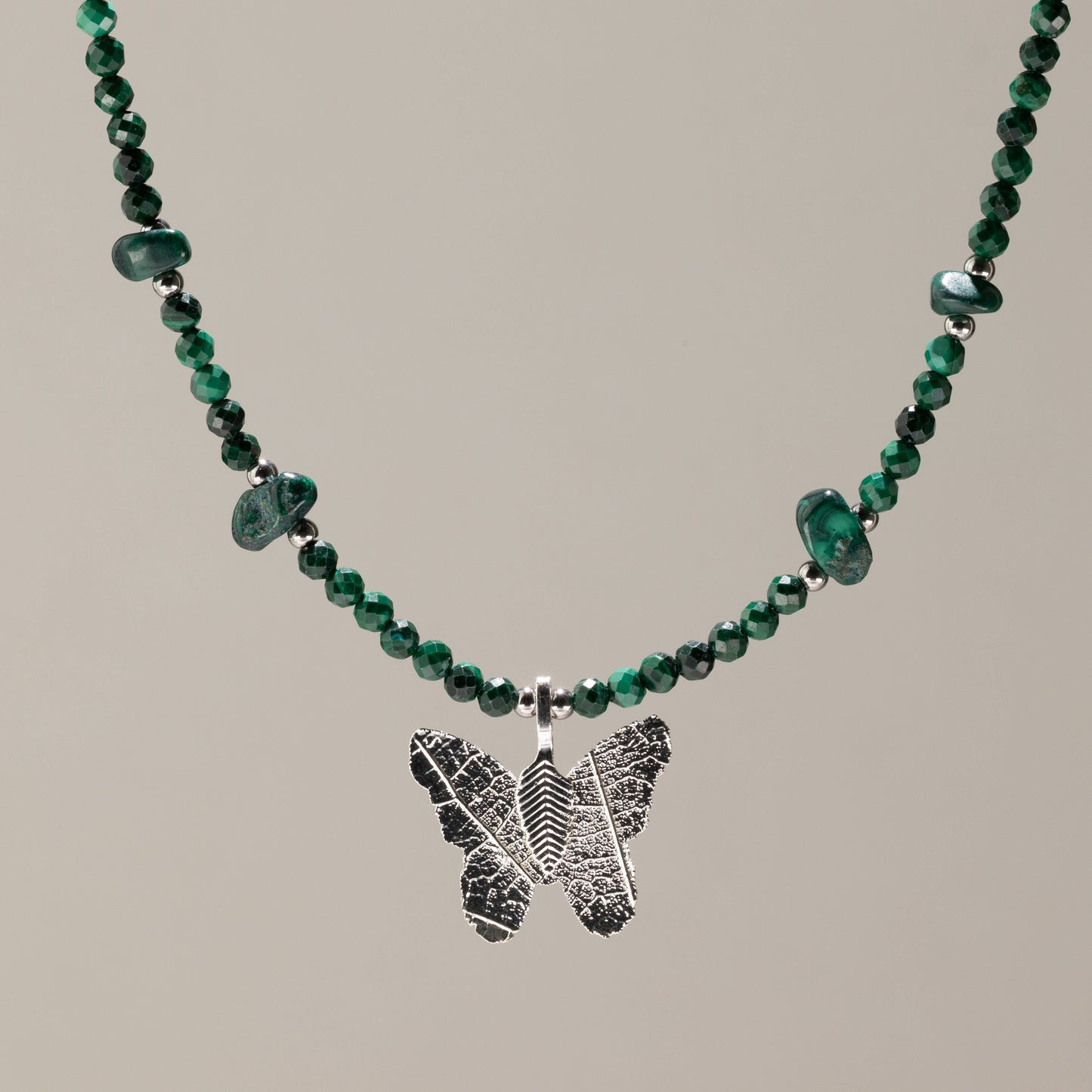 Nymph Malachite Gemstone Necklace with Real Leaf Butterfly Pendant — necklace, image 9 of 10.