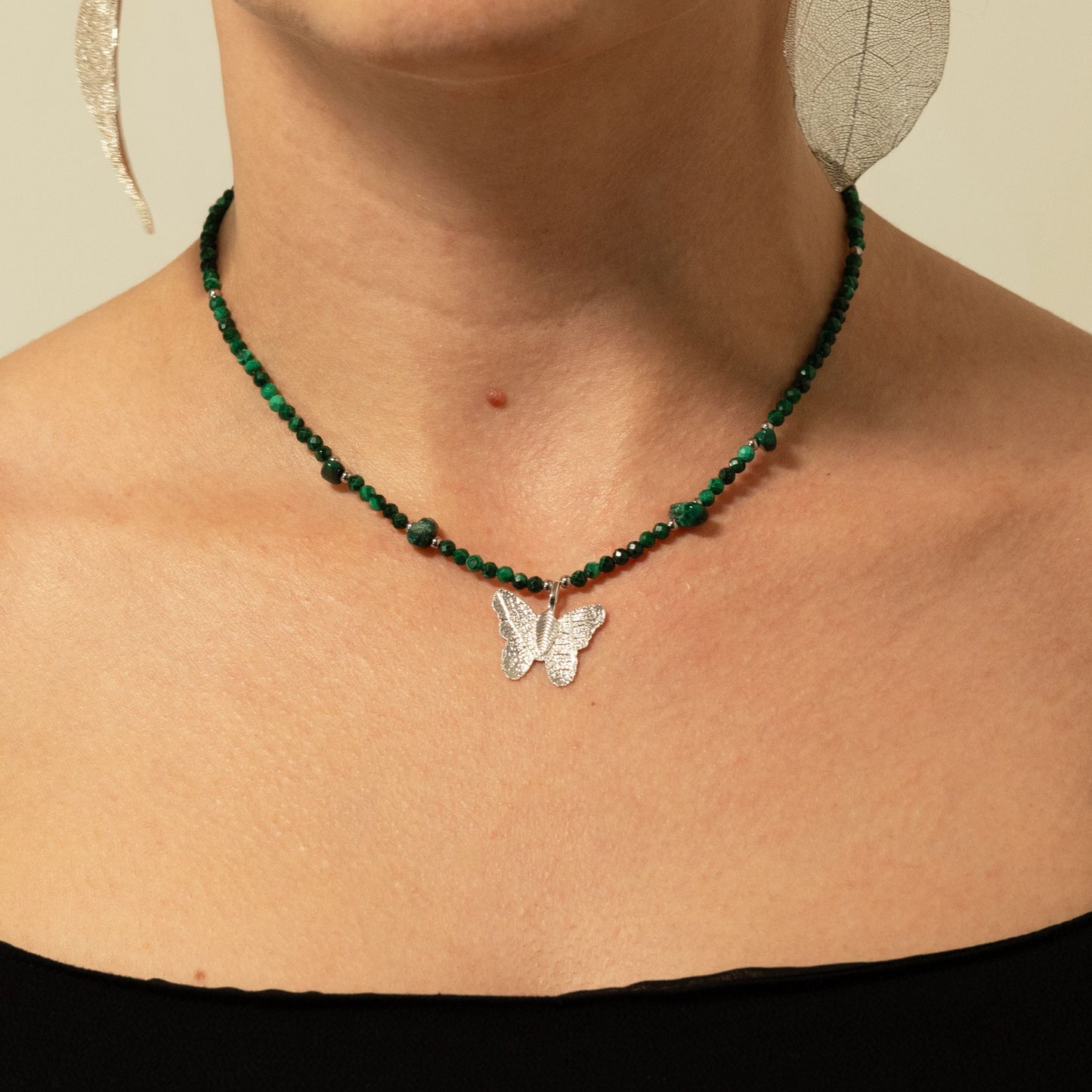 Nymph Malachite Gemstone Necklace with Real Leaf Butterfly Pendant — necklace, image 8 of 10.