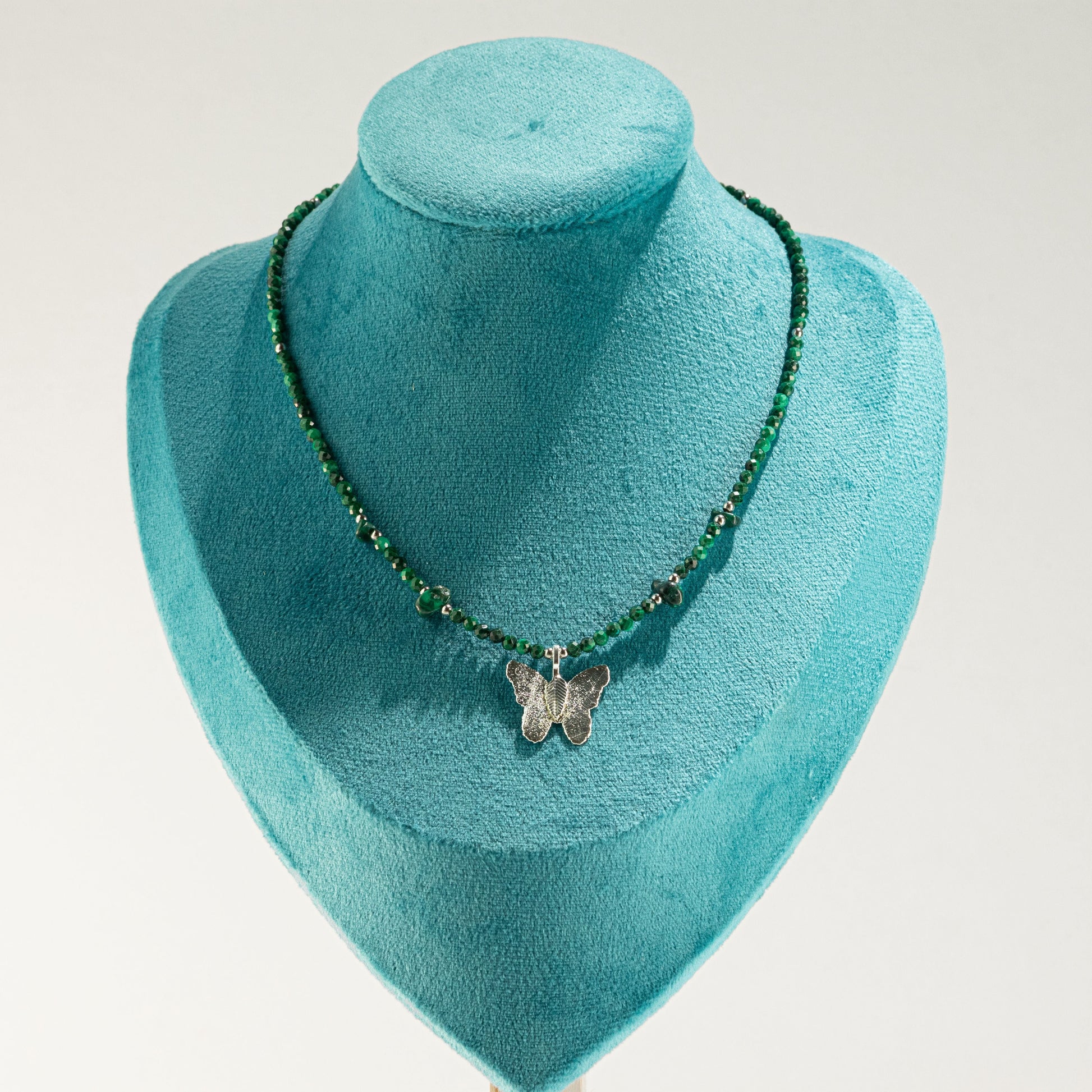 Nymph Malachite Gemstone Necklace with Real Leaf Butterfly Pendant — necklace, image 6 of 10.