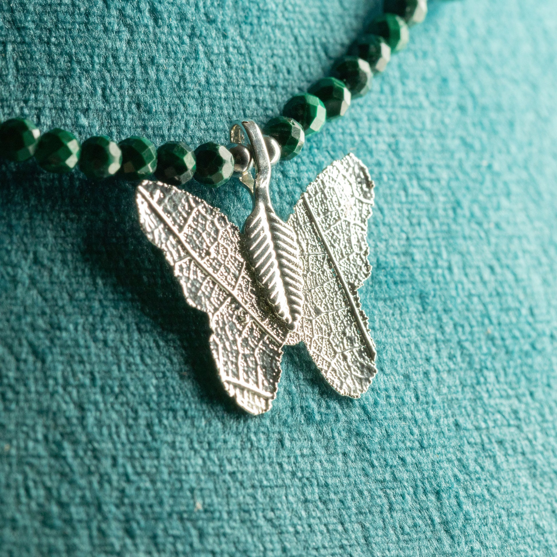 Nymph Malachite Gemstone Necklace with Real Leaf Butterfly Pendant — necklace, image 3 of 10.