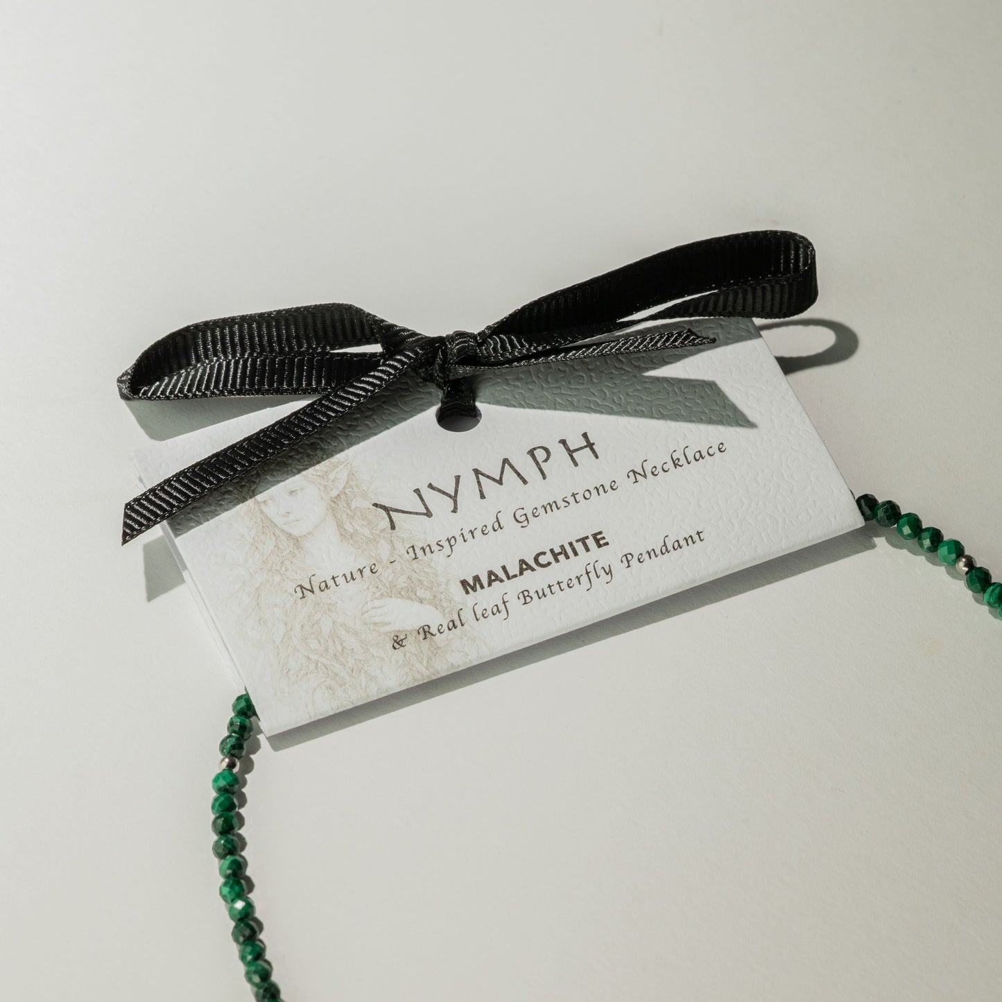 Nymph Malachite Gemstone Necklace with Real Leaf Butterfly Pendant — necklace, image 4 of 10.